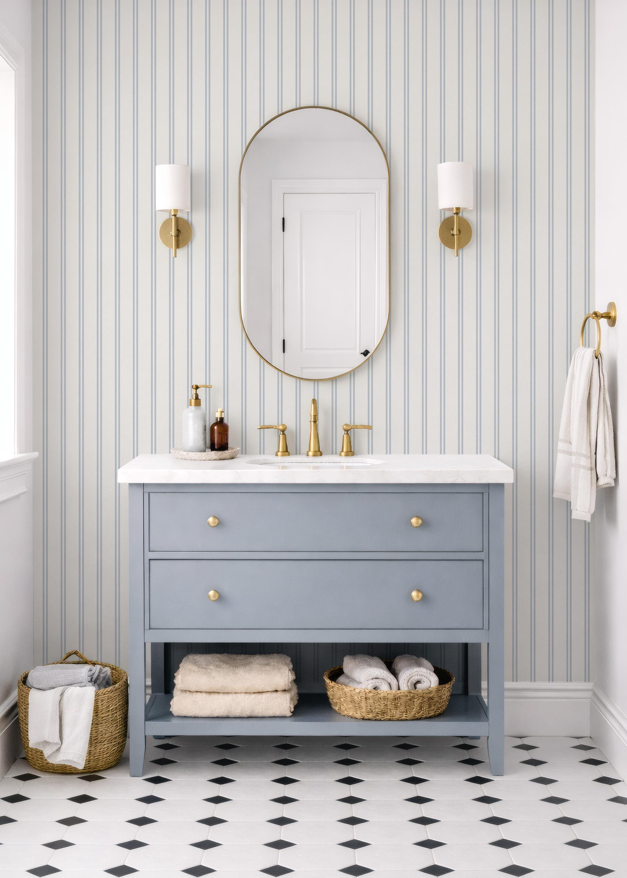 Cottage Nursery Light Blue Double Ticking Striped Wallpaper pastel double striped Wall Covering Farmhouse Nursery Linen Texture (Removable)