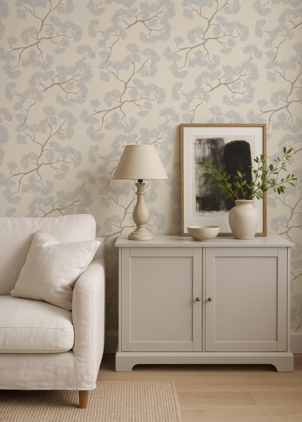 Scandinavian Wallpaper blue Pine branch Wall covering minimalist woodland light blue forest peel and stick calming wall farmhouse wall decor