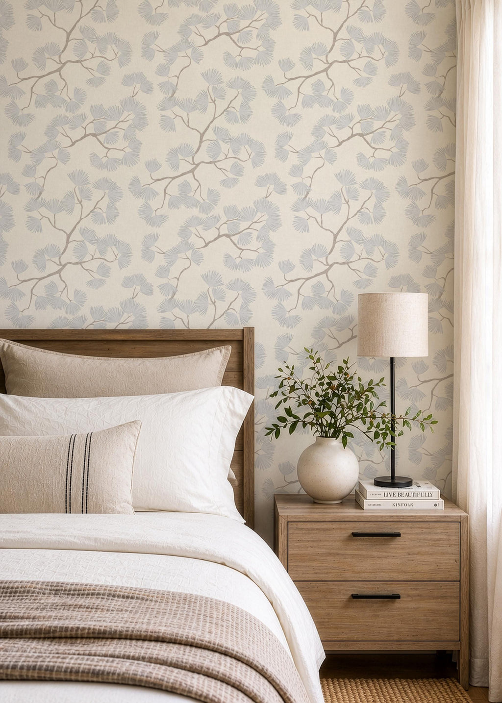 Scandinavian Wallpaper blue Pine branch Wall covering minimalist woodland light blue forest peel and stick calming wall farmhouse wall decor