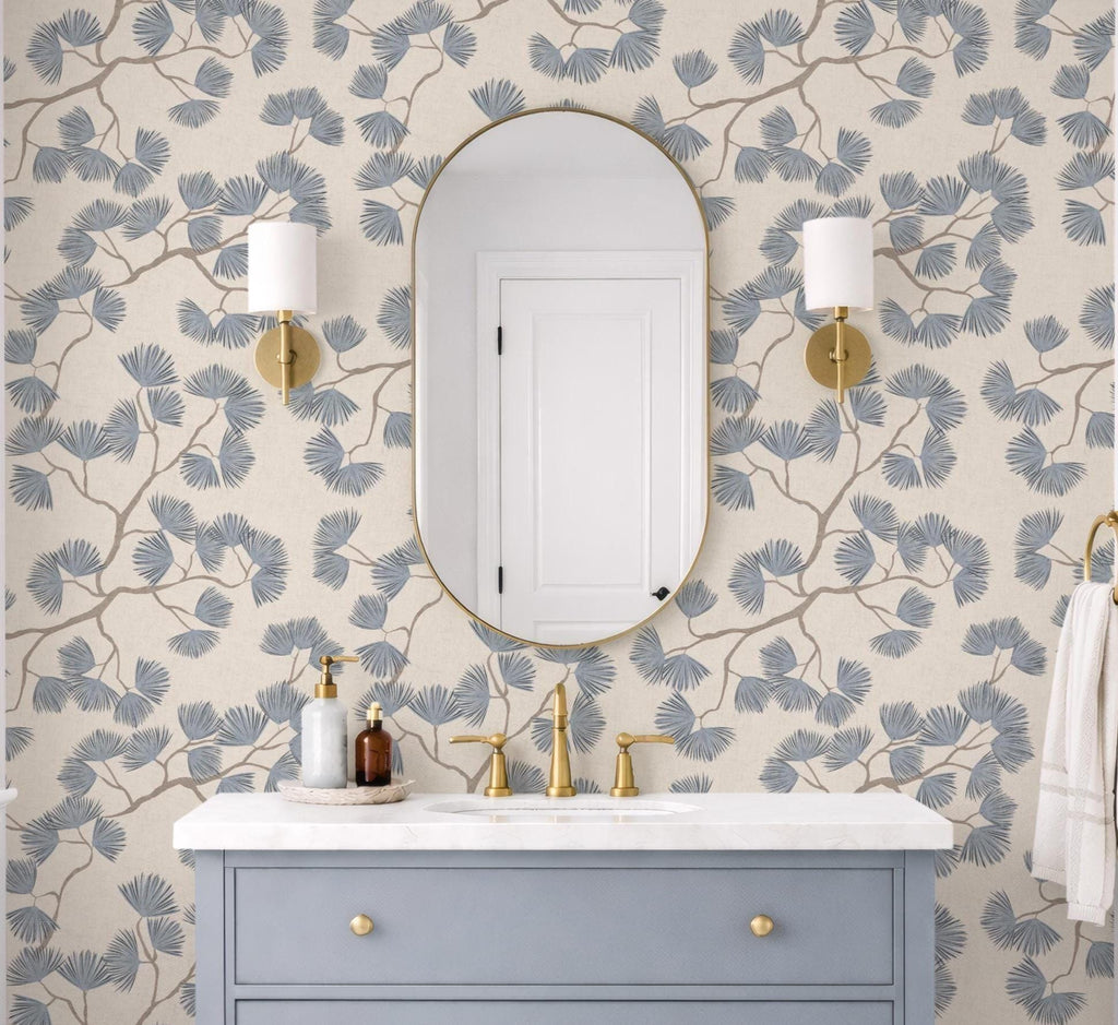 Scandinavian Pine Branch Wallpaper: Slate Blue Japanese Wall Covering Minimalist Woodland Wall Decor (Peel and Stick)