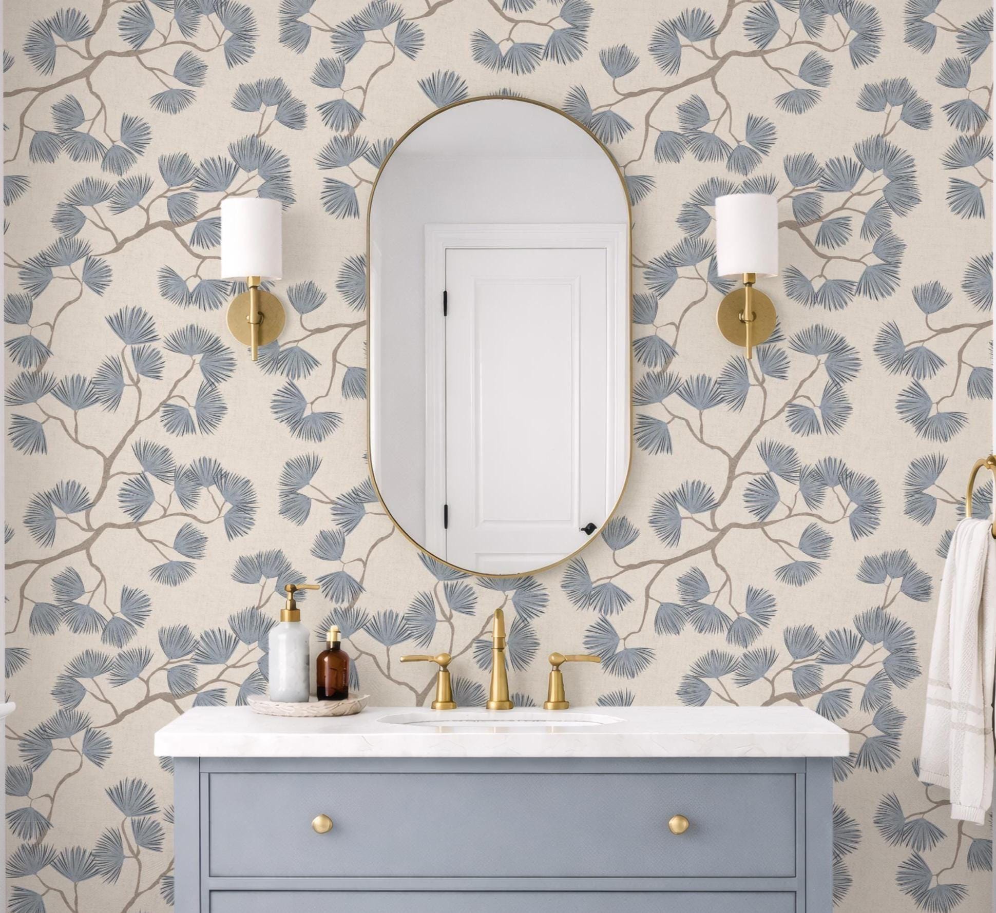 Scandinavian Pine Branch Wallpaper: Slate Blue Japanese Wall Covering Minimalist Woodland Wall Decor (Peel and Stick)