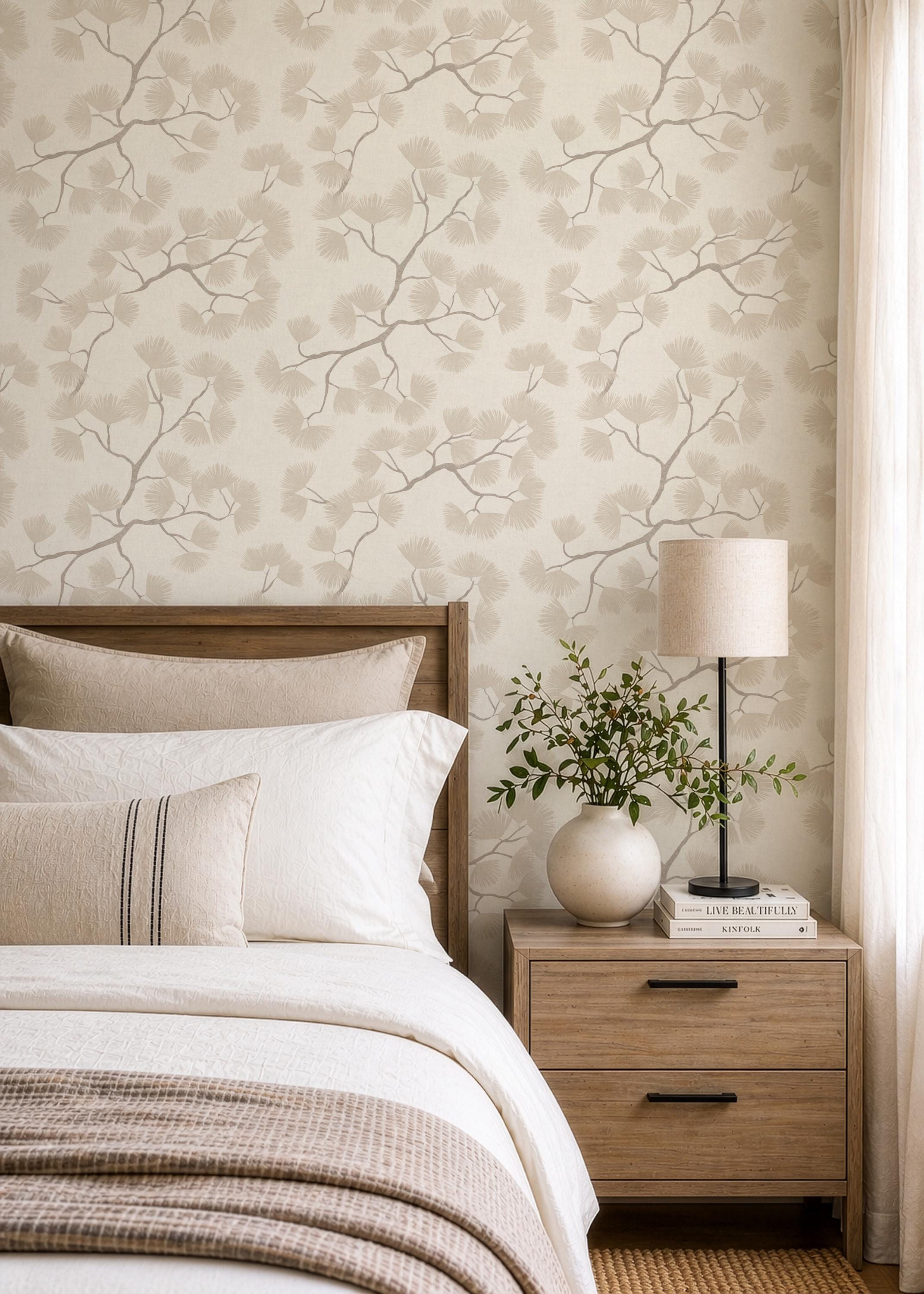 Beige Pine Branch Wallpaper – Minimalist Woodland Wall Decor (Peel and Stick)