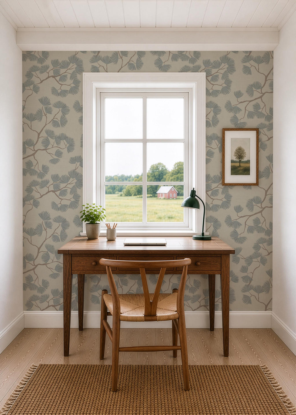 Japandi Pine Branch Wallpaper – Scandinavian Botanical Wall Mural (Grasscloth)