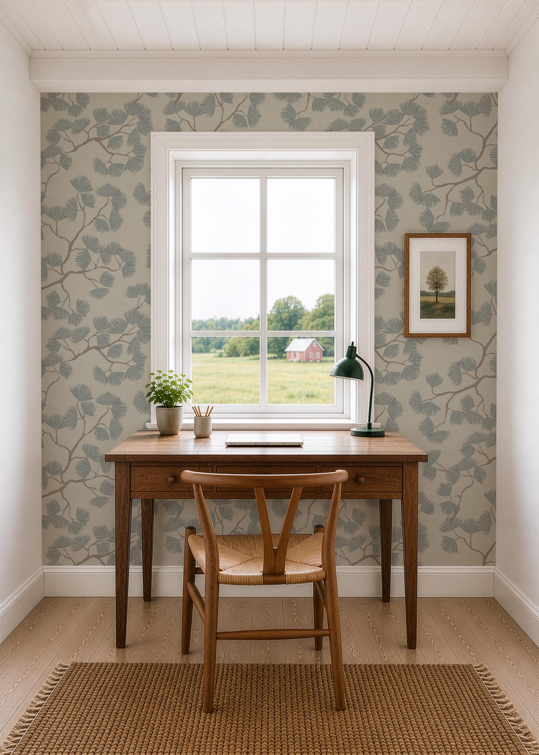 Japandi Pine Branch Wallpaper – Scandinavian Botanical Wall Mural (Grasscloth)