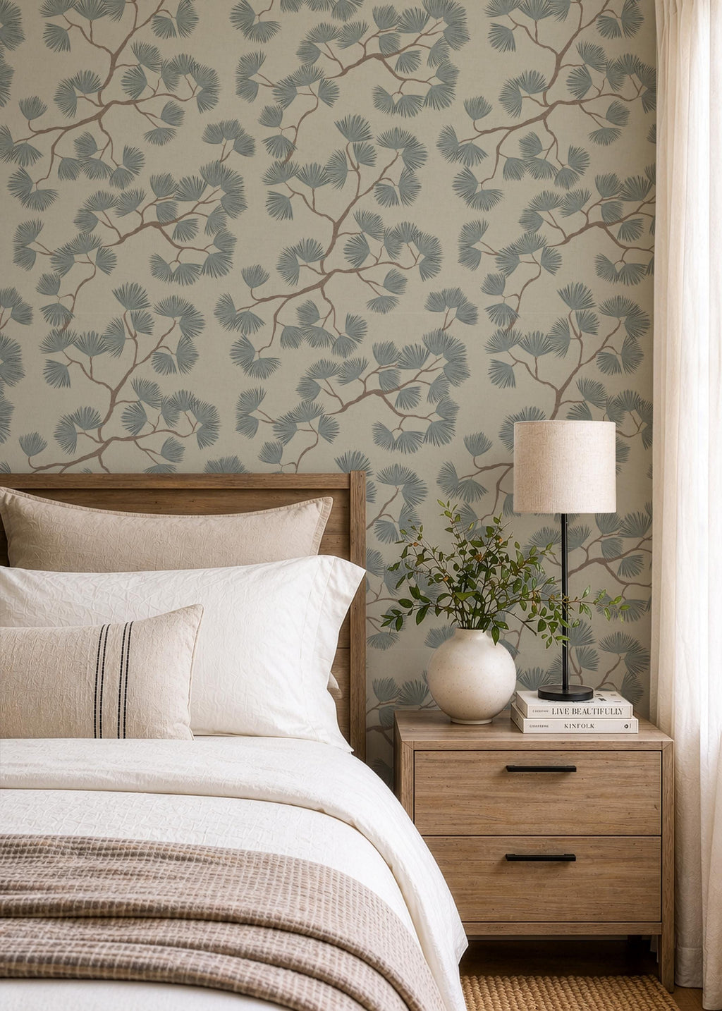 Japandi Pine Branch Wallpaper – Scandinavian Botanical Wall Mural (Grasscloth)
