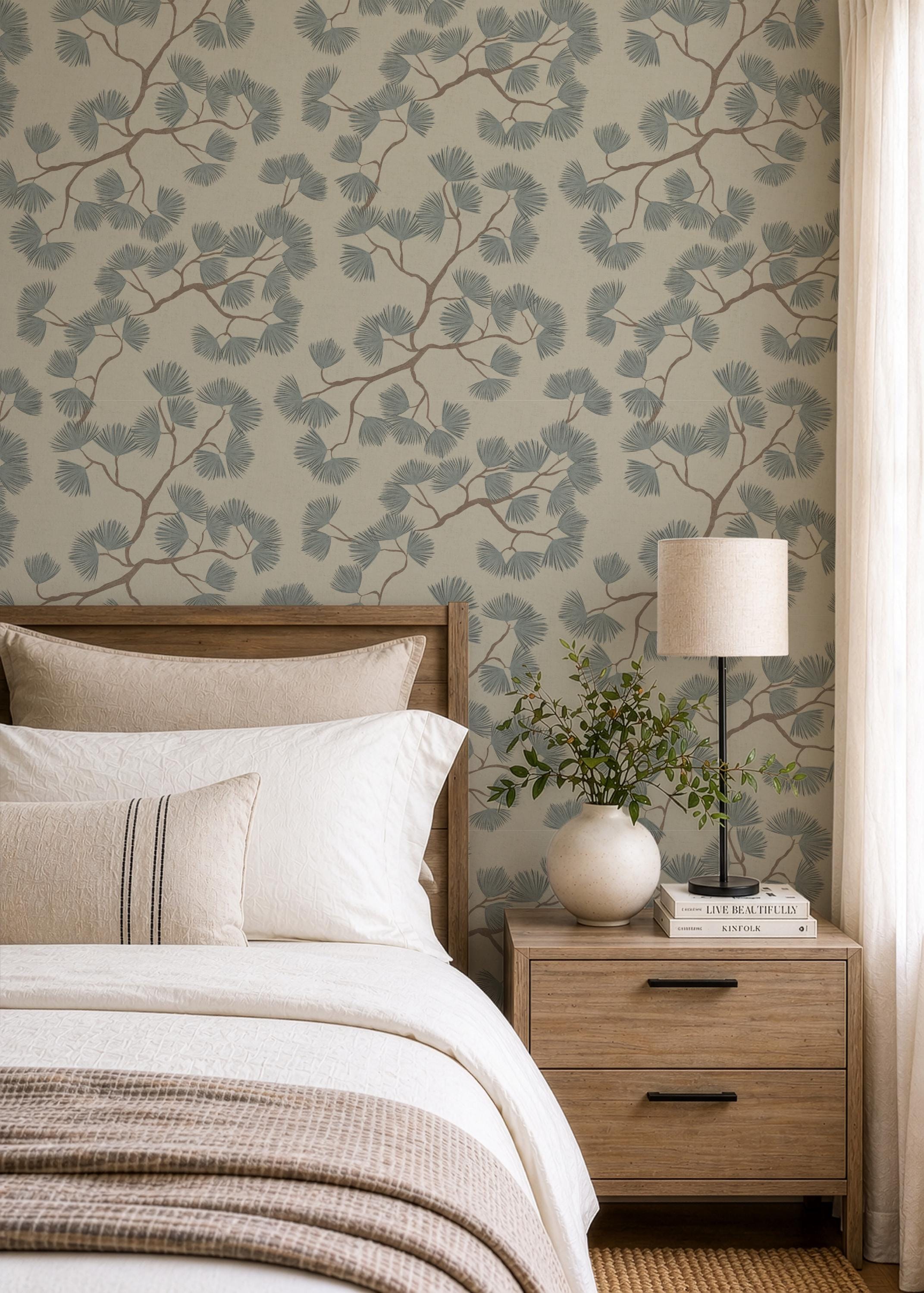 Japandi Pine Branch Wallpaper – Scandinavian Botanical Wall Mural (Grasscloth)