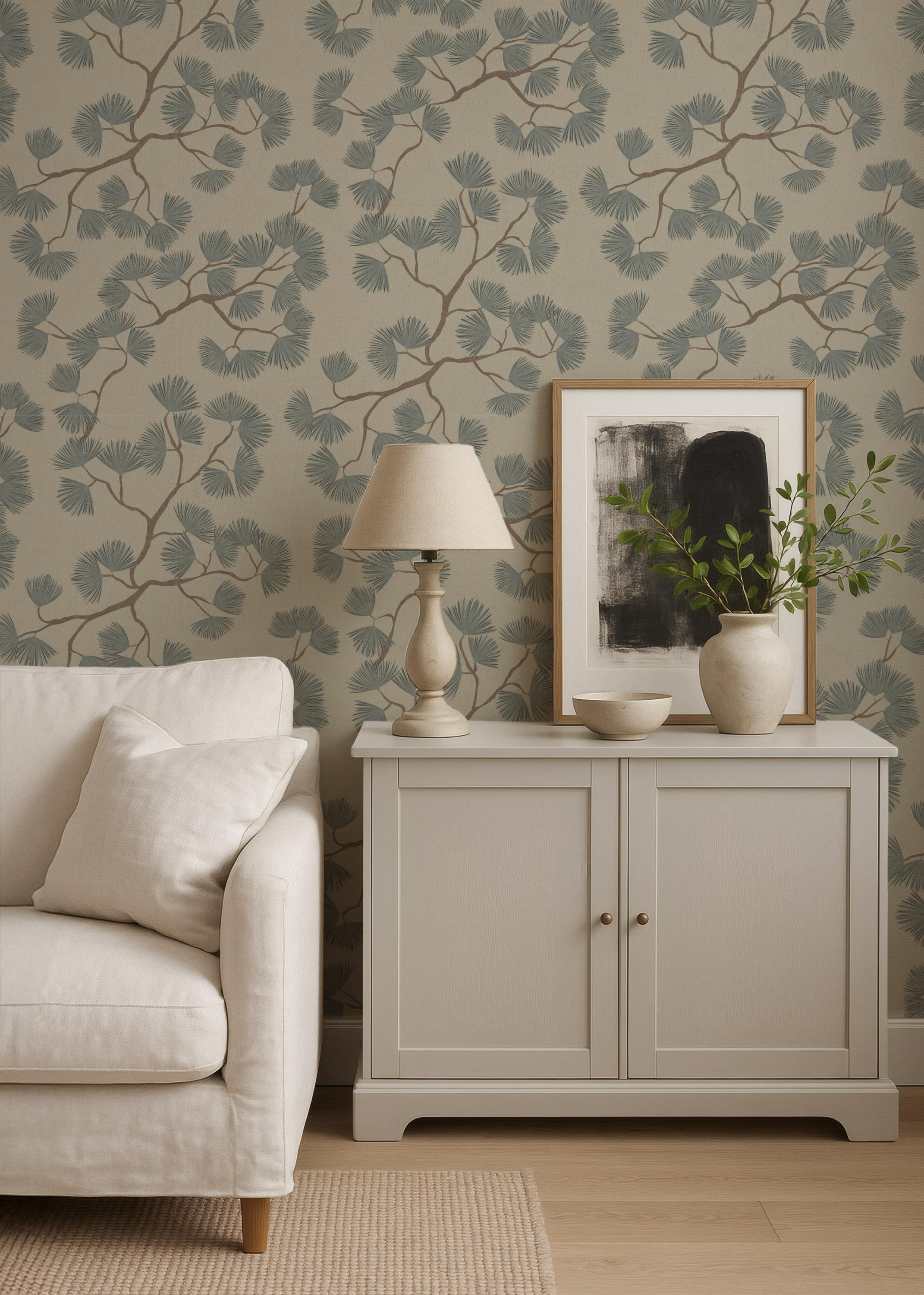 Japandi Pine Branch Wallpaper – Scandinavian Botanical Wall Mural (Grasscloth)