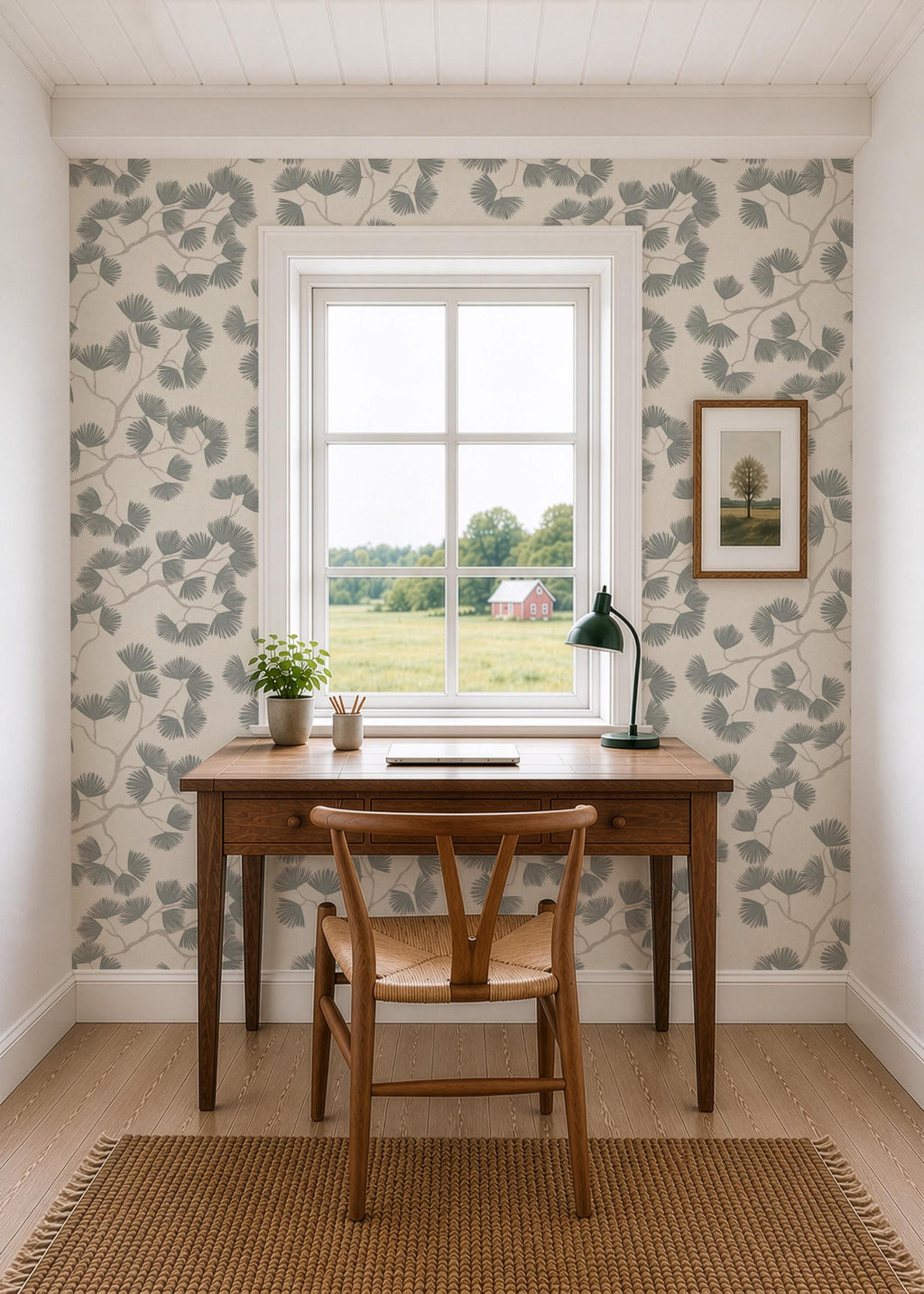 Green Pine Branch Wallpaper minimalist Japandi Wall covering cozy woodland Scandinavian wall decor natural calming farmhouse peel and stick