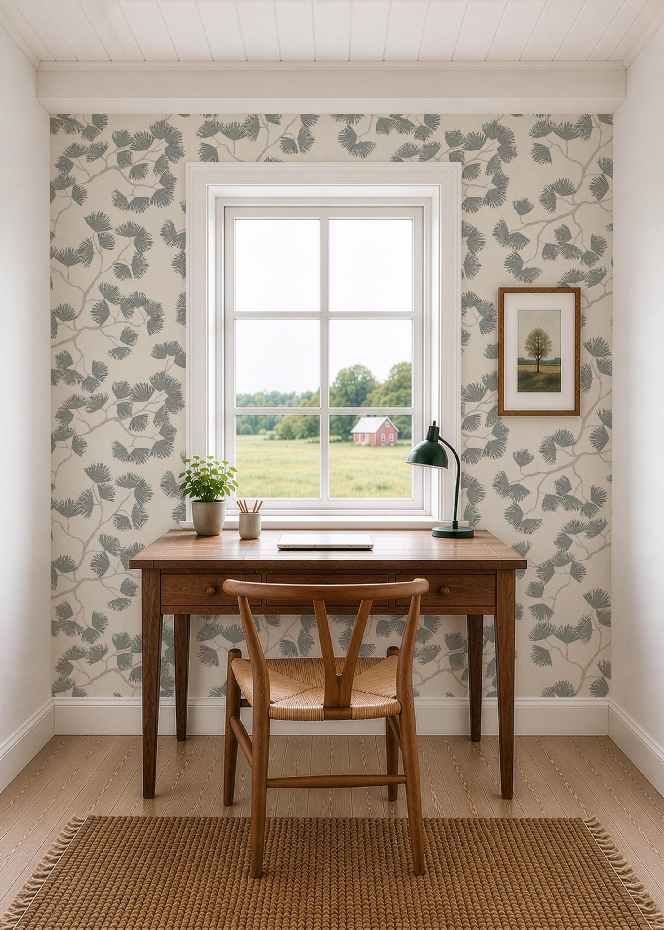 Green Pine Branch Wallpaper minimalist Japandi Wall covering cozy woodland Scandinavian wall decor natural calming farmhouse peel and stick