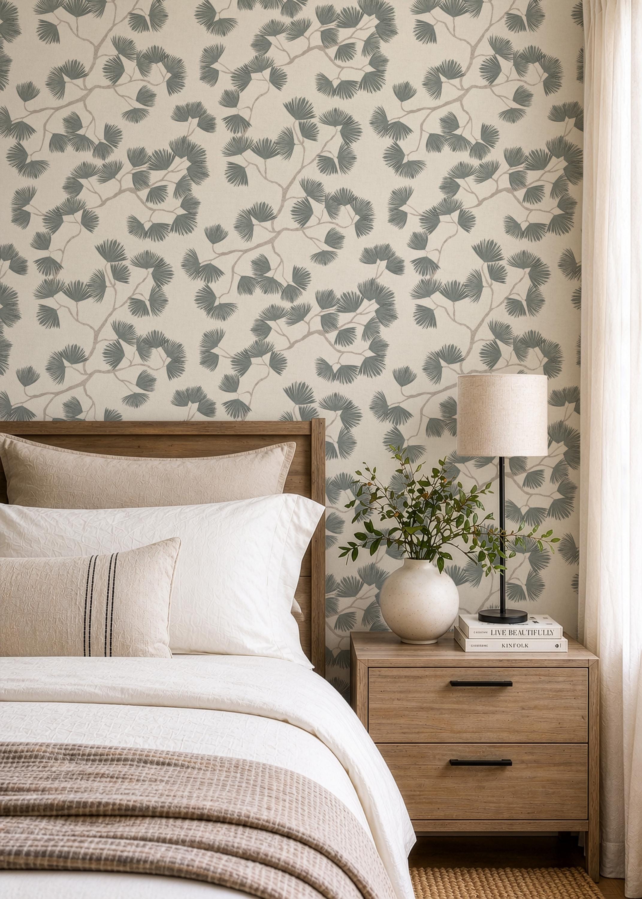 Green Pine Branch Wallpaper minimalist Japandi Wall covering cozy woodland Scandinavian wall decor natural calming farmhouse peel and stick