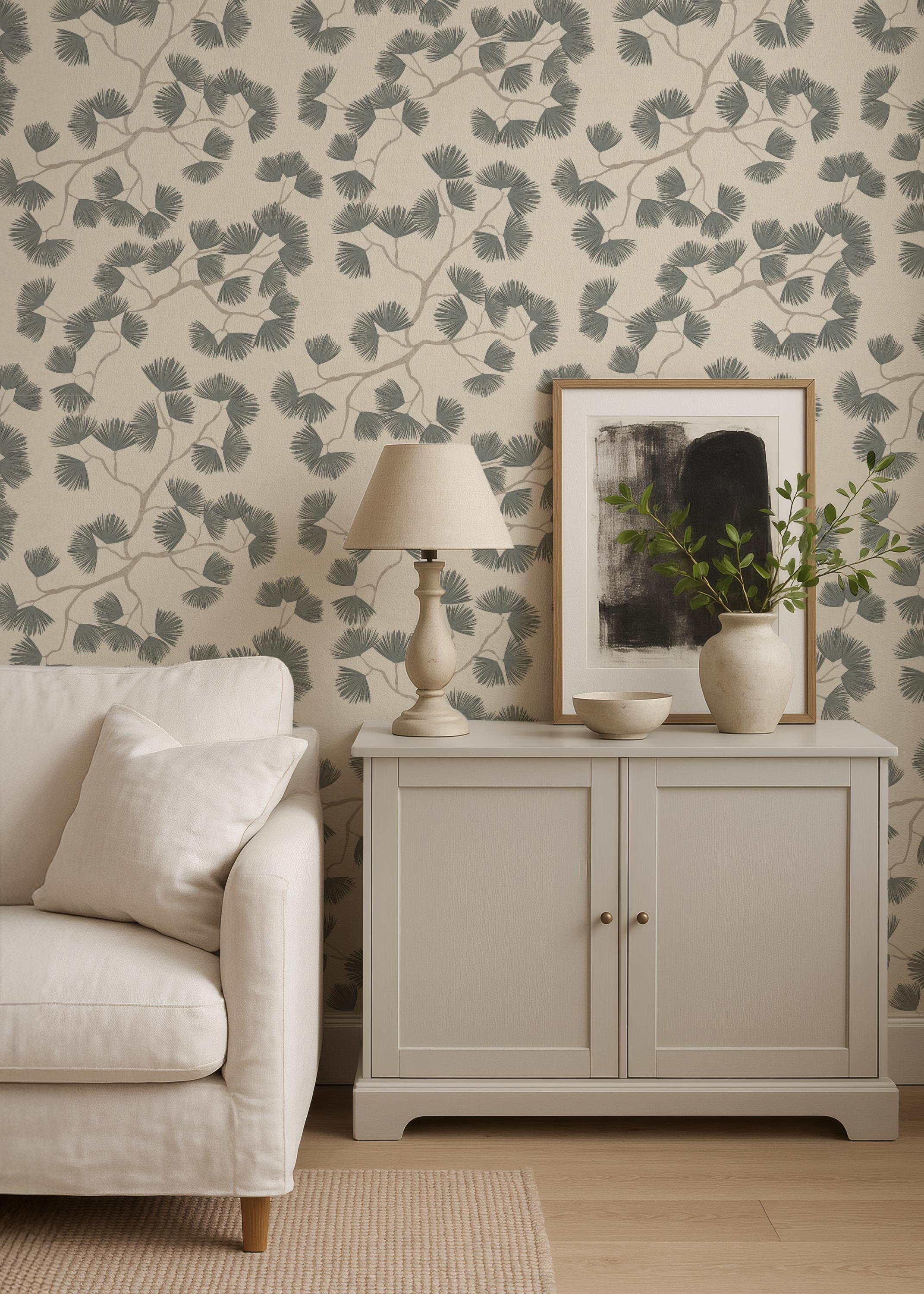 Green Pine Branch Wallpaper minimalist Japandi Wall covering cozy woodland Scandinavian wall decor natural calming farmhouse peel and stick