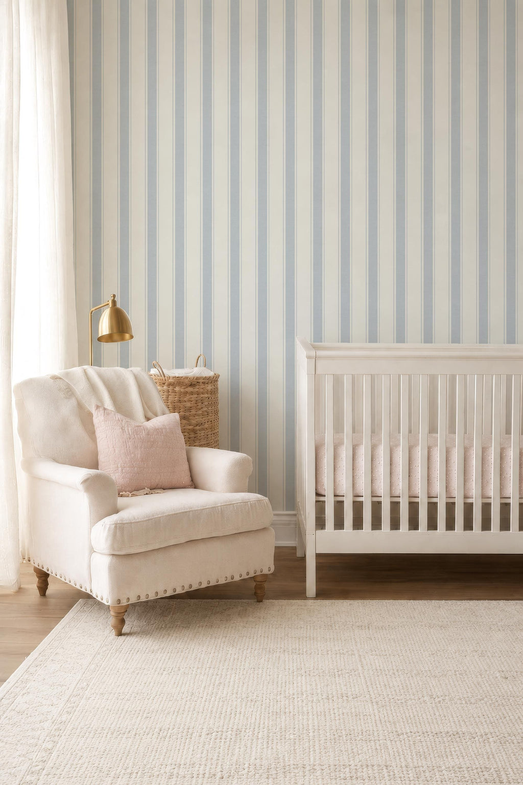 Blue Nursery Striped wallpaper, granny chic farmhouse ticking stripes, removable cottage striped wall decor with texture, peel and stick