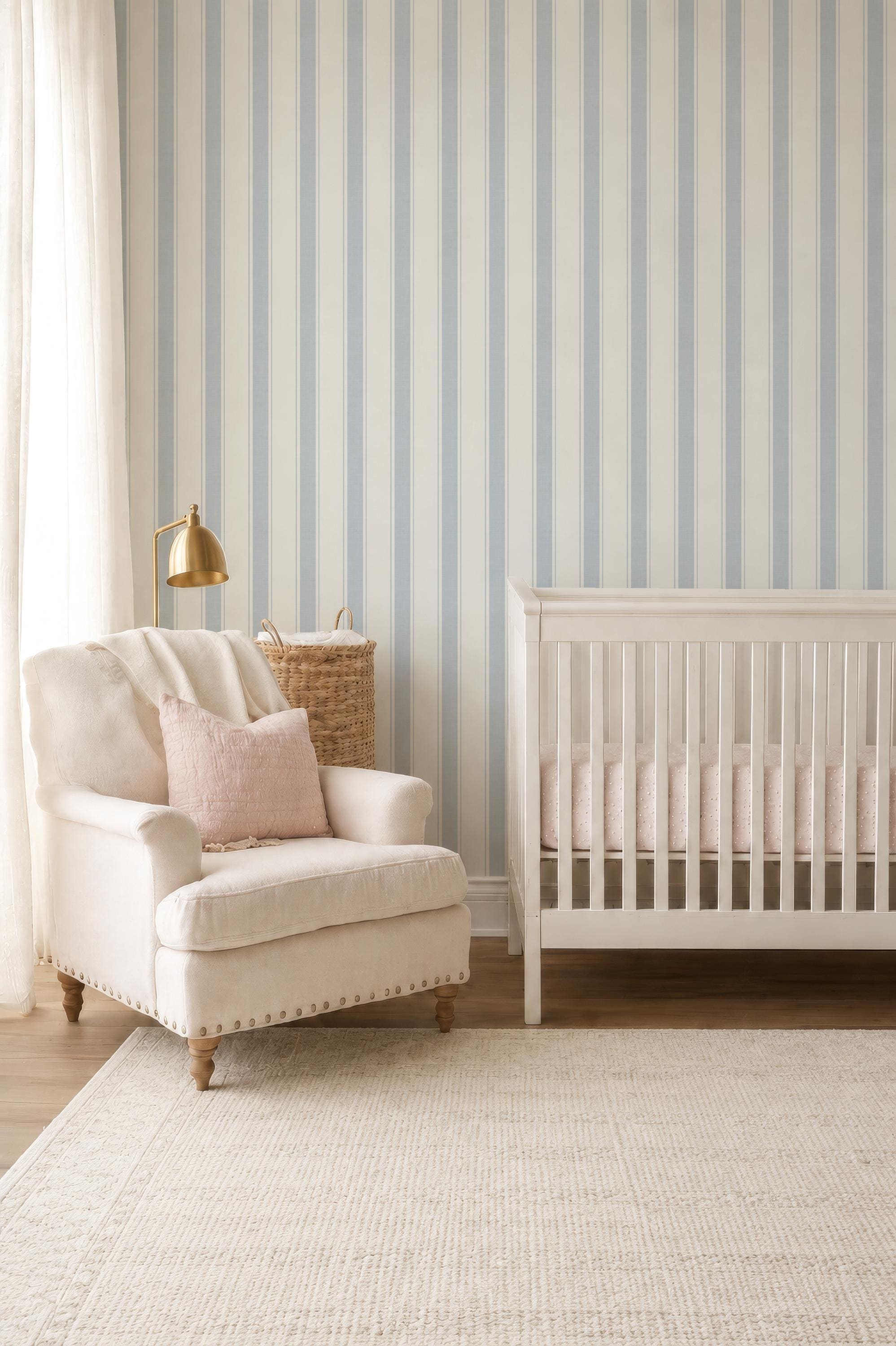 Blue Nursery Striped wallpaper, granny chic farmhouse ticking stripes, removable cottage striped wall decor with texture, peel and stick