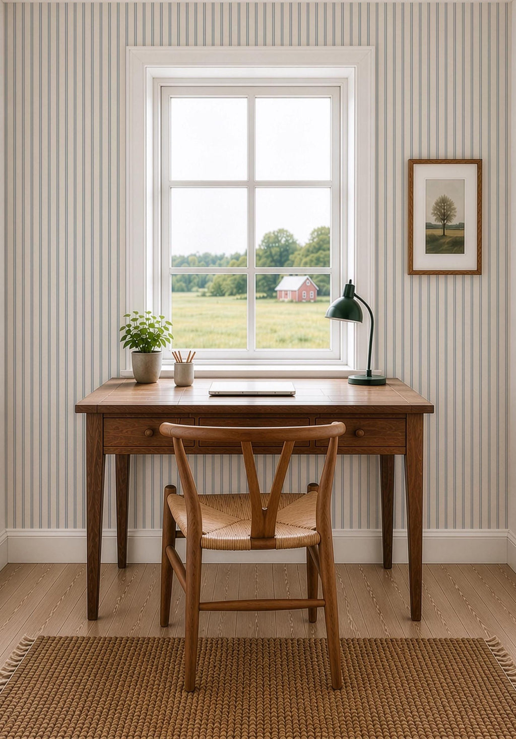 May include: A wooden desk with three drawers and a matching wooden chair with a woven seat. On the desk sits a small potted green plant, a pencil holder with pencils, a laptop, and a dark green desk lamp. The desk is placed before a window.