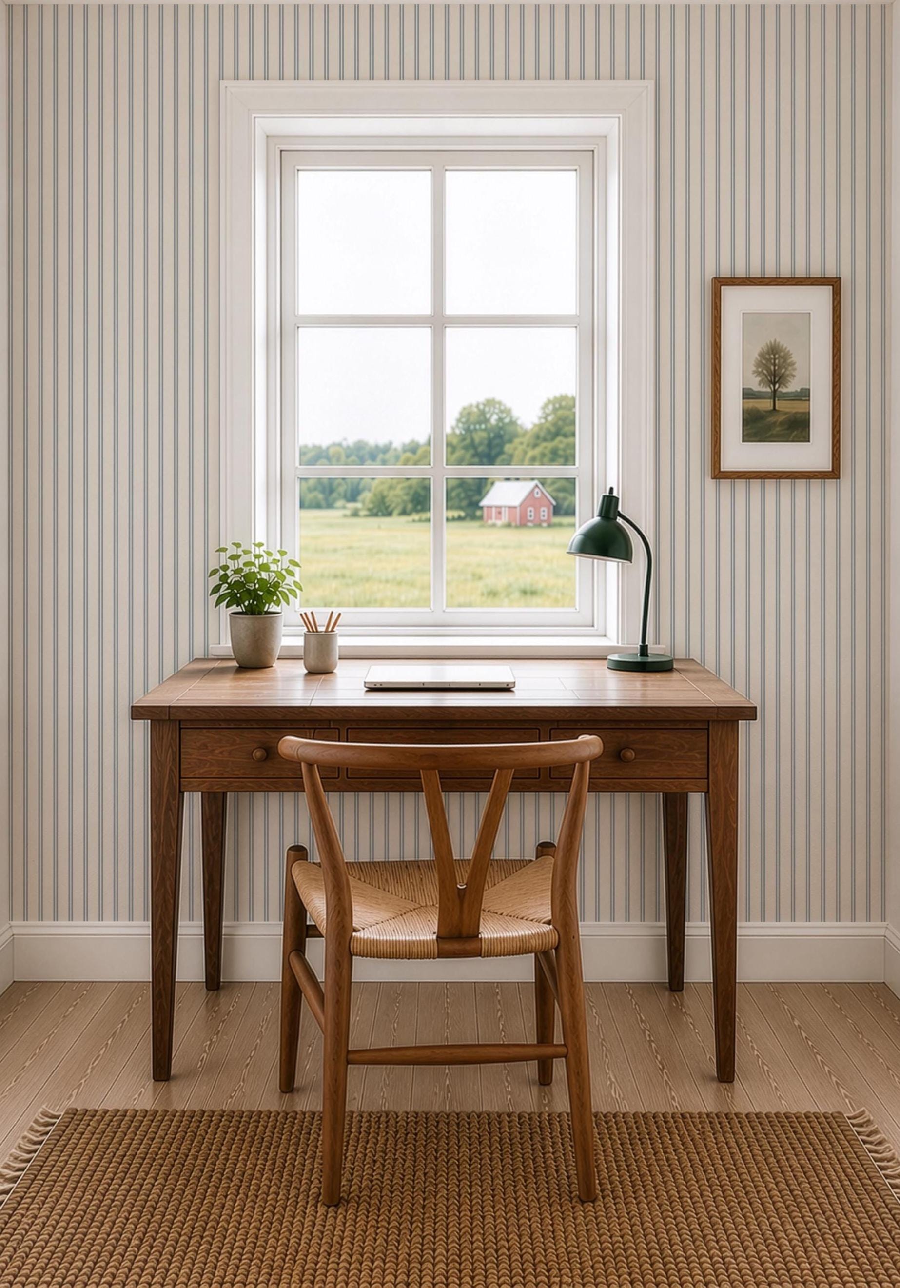 May include: A wooden desk with three drawers and a matching wooden chair with a woven seat. On the desk sits a small potted green plant, a pencil holder with pencils, a laptop, and a dark green desk lamp. The desk is placed before a window.