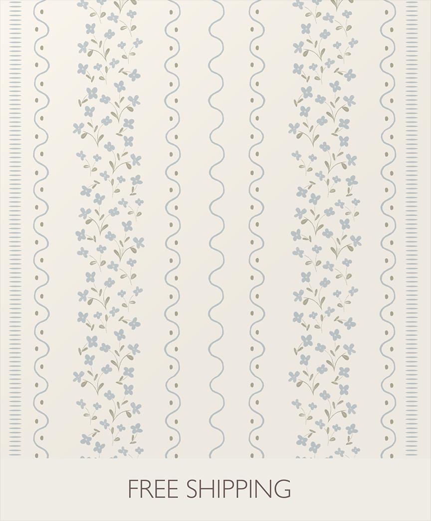 Blue Wildflower Stripe Wallpaper: Watercolor Ditsy Floral Nursery Wall Covering (Peel and Stick)