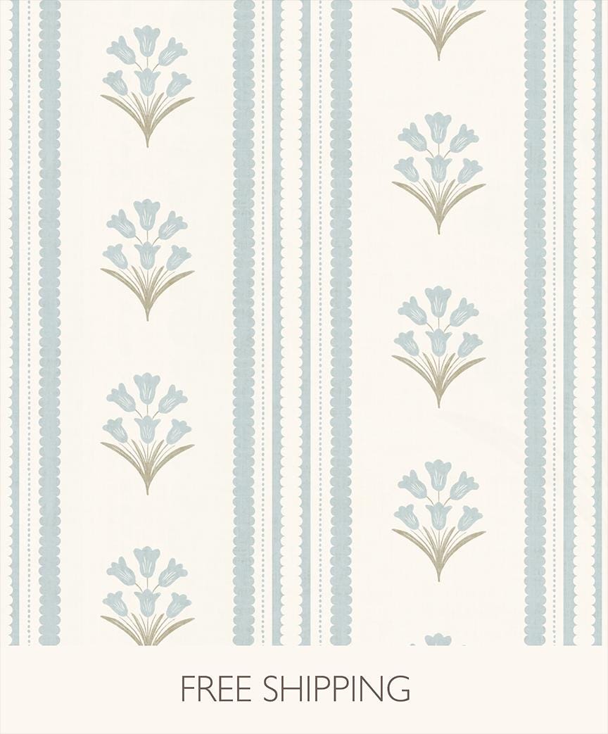 Blue Wildflower Stripe Wallpaper, Vintage Cottage Nursery Decor, Botanical Pattern
