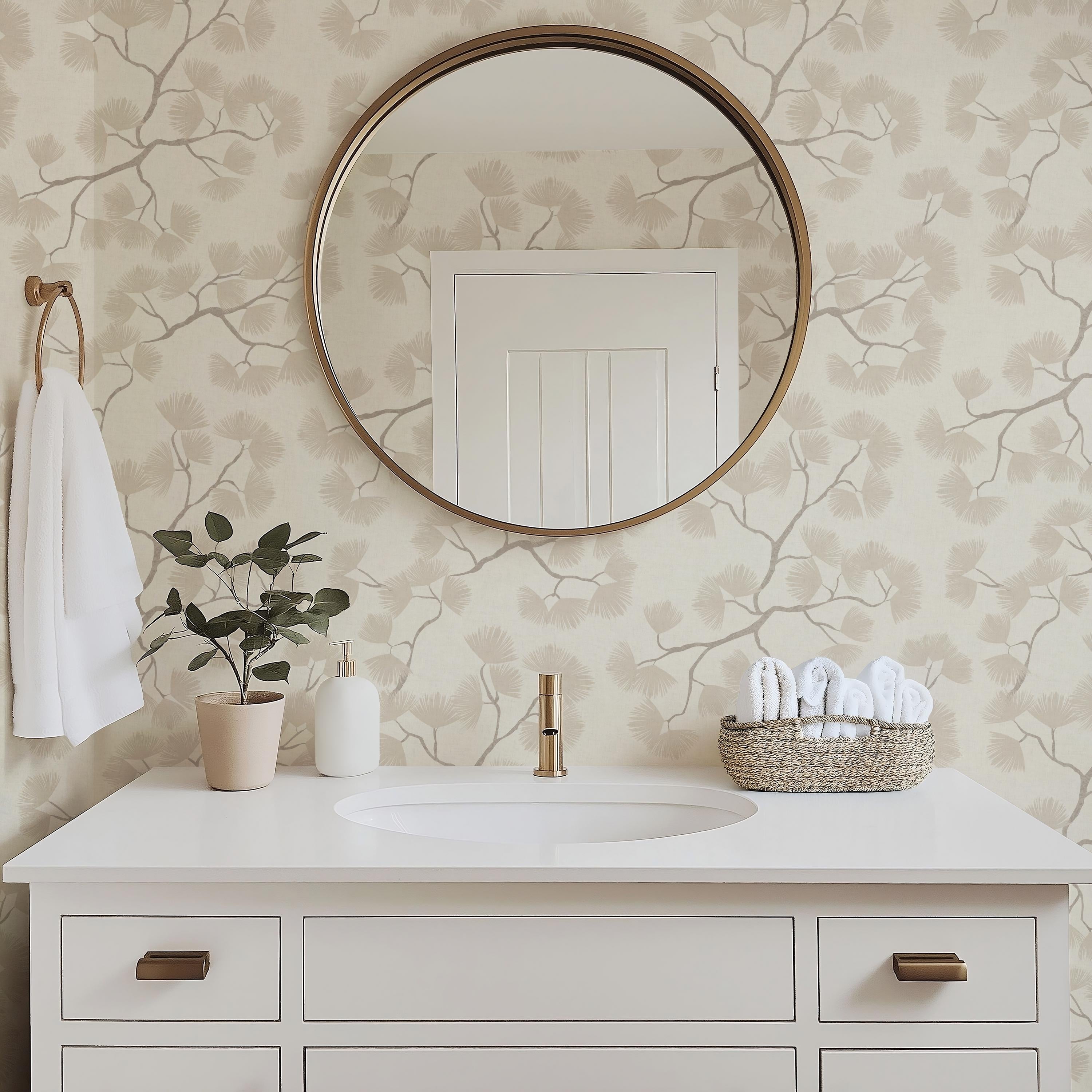Beige Pine Branch Wallpaper – Minimalist Woodland Wall Decor (Peel and Stick)