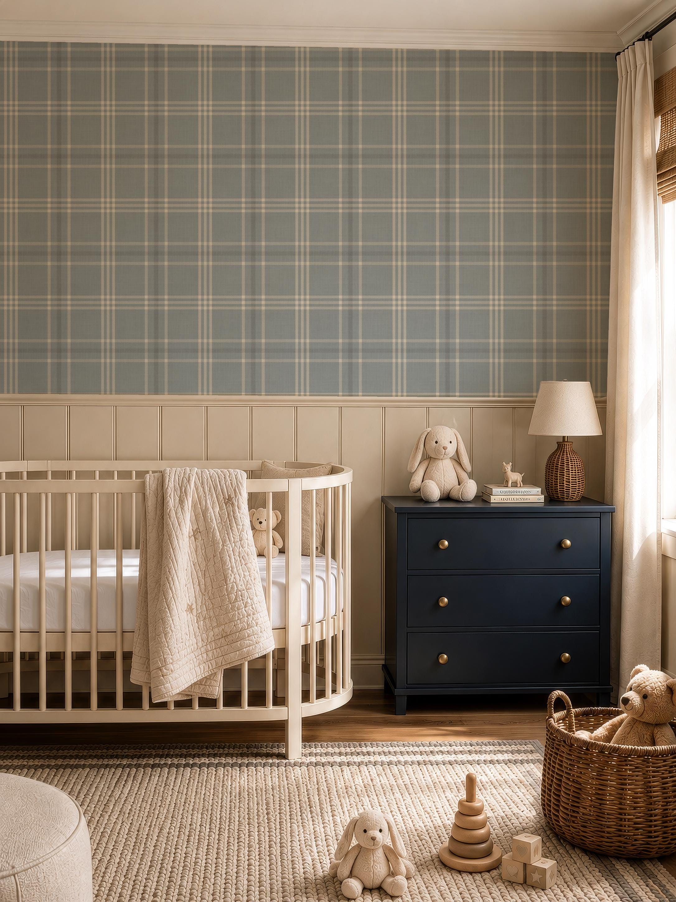 Neutral Blue Plaid Wallpaper: Modern Cottage Baby Nursery Decor (Peel and Stick)