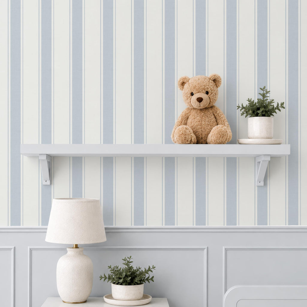 Blue Nursery Striped wallpaper, granny chic farmhouse ticking stripes, removable cottage striped wall decor with texture, peel and stick