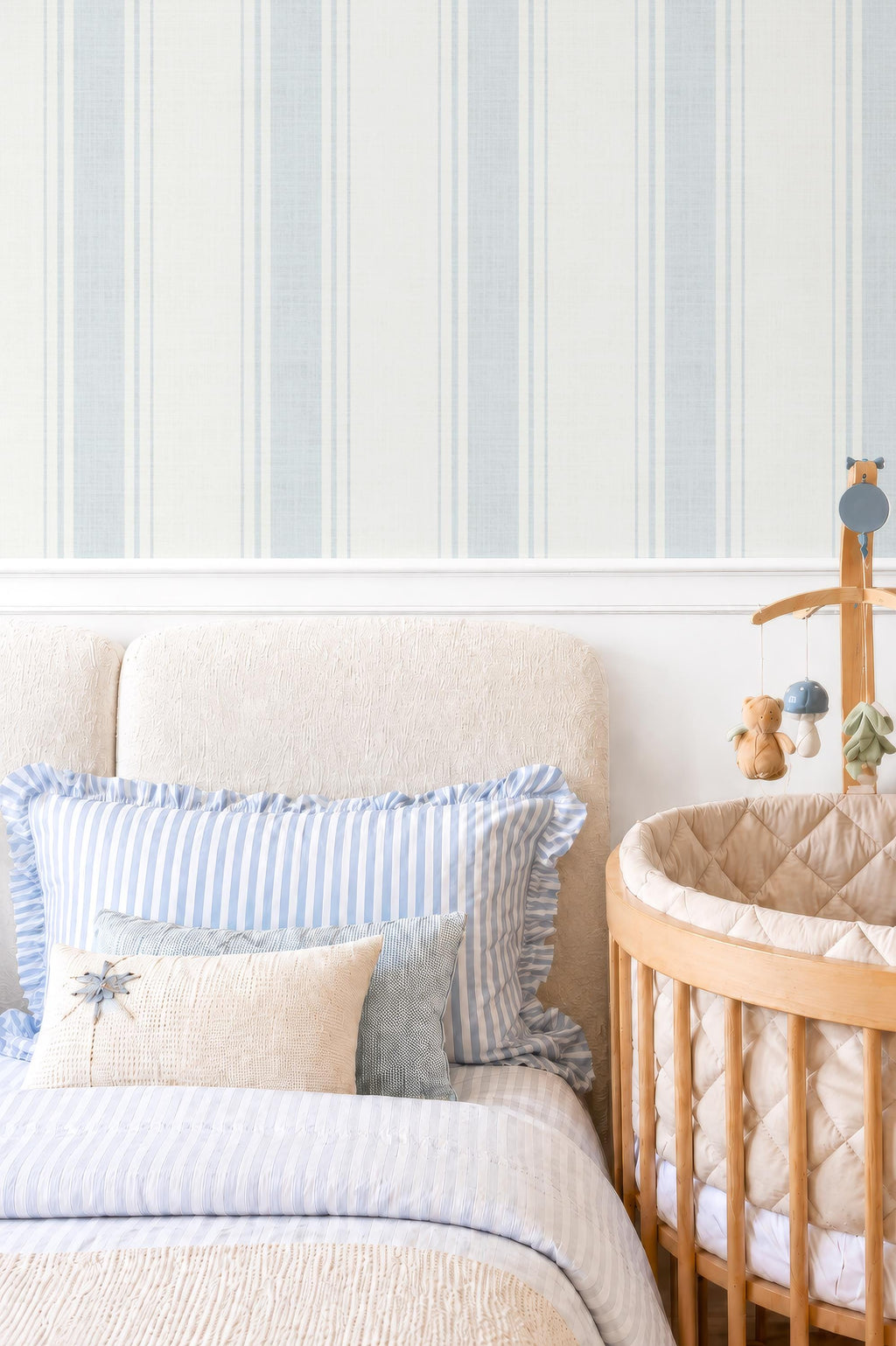 Blue Striped Wallpaper: Vintage Linen Texture, Peel and Stick Wall Covering, Soft Blue Coastal Nursery Wallpaper, Light Blue Baby Room Decor