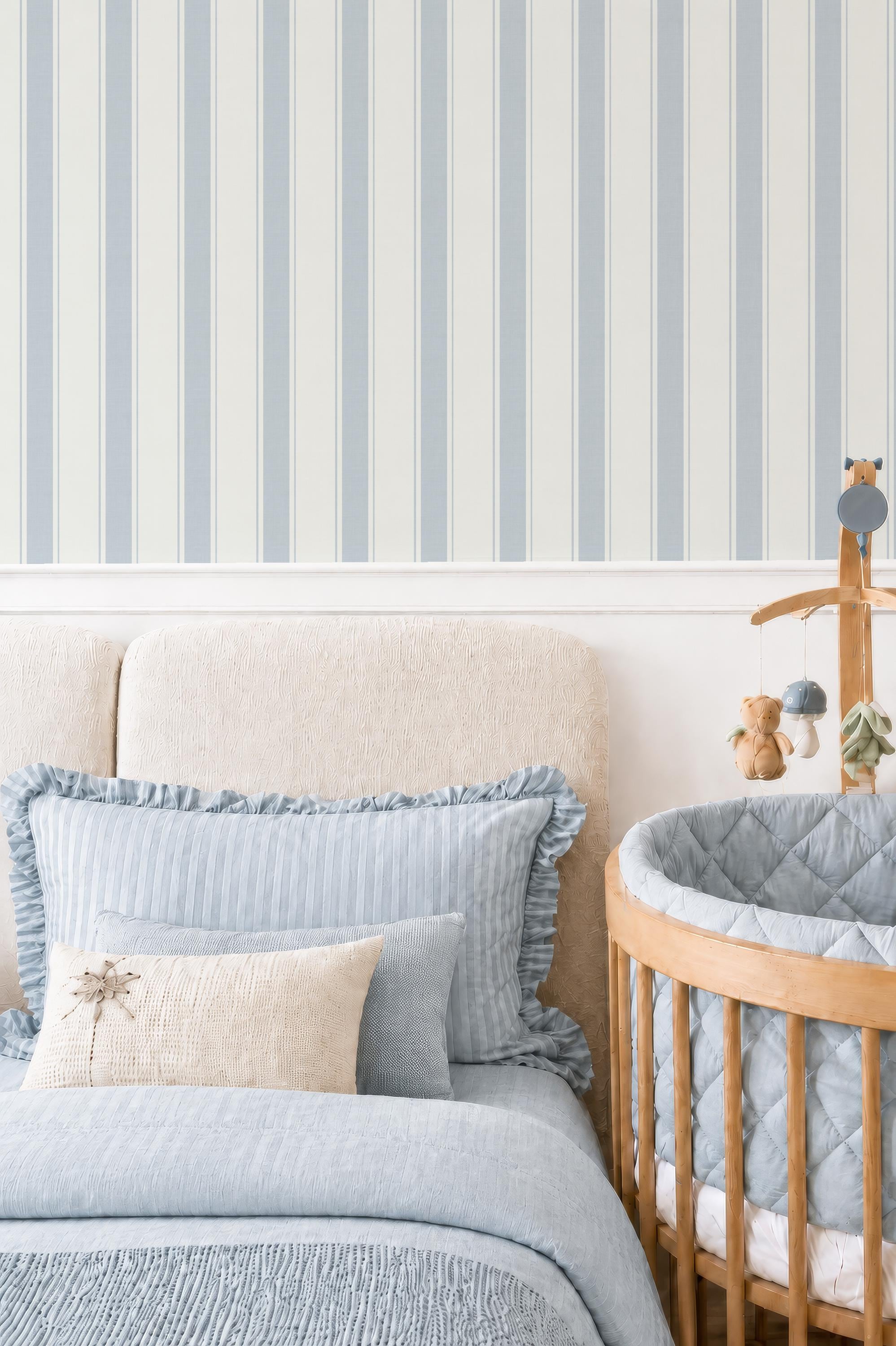 Blue Nursery Striped wallpaper, granny chic farmhouse ticking stripes, removable cottage striped wall decor with texture, peel and stick