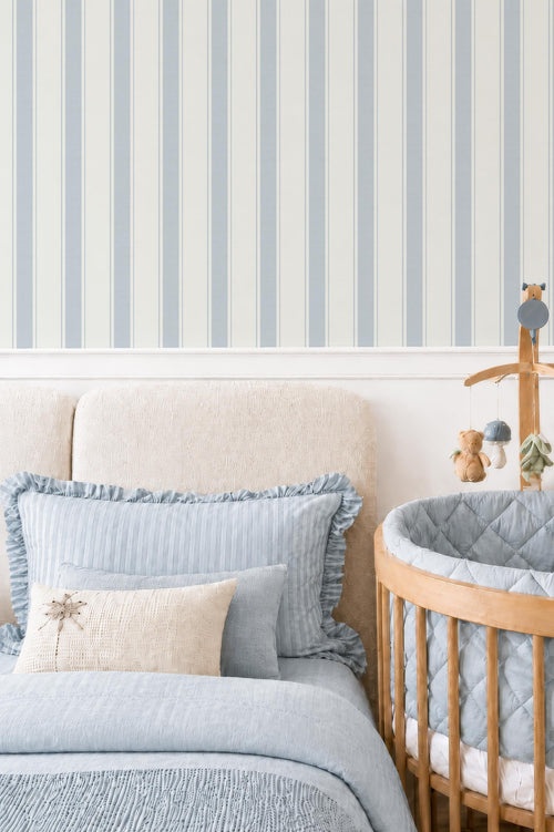 Blue Nursery Striped wallpaper, granny chic farmhouse ticking stripes, removable cottage striped wall decor with texture, peel and stick