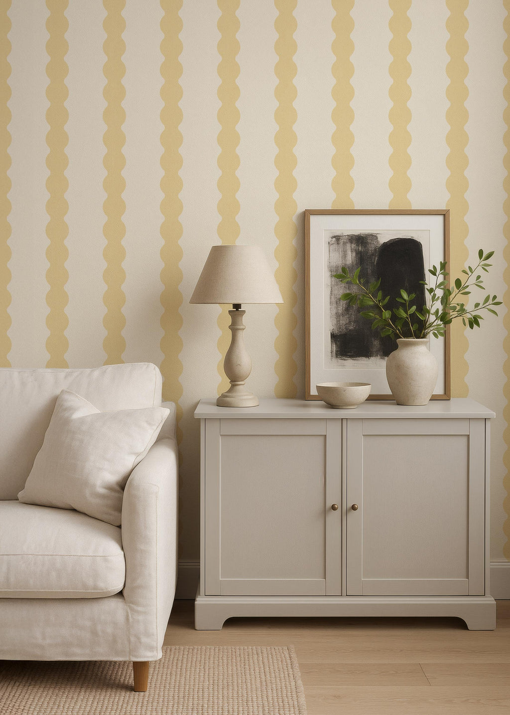 Pastel yellow Wavy Striped Wallpaper, Sunshine bathroom wall covering, Scallop Striped Peel and Stick Wall Decor, Retro stripe wall decor