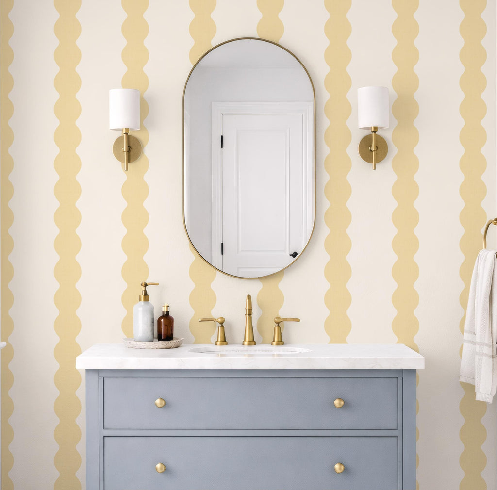 Pastel yellow Wavy Striped Wallpaper, Sunshine bathroom wall covering, Scallop Striped Peel and Stick Wall Decor, Retro stripe wall decor