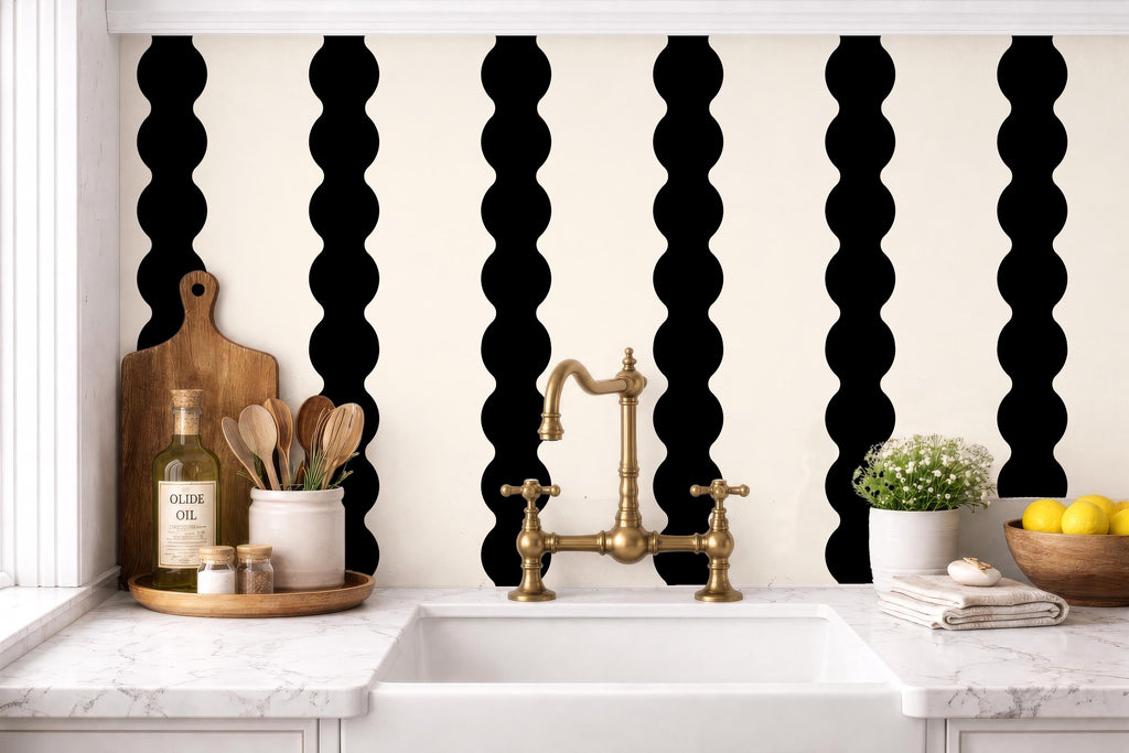 Black & cream wavy striped wallpaper, black accent wall covering, large scale stripes, dark moody wall decor (peel and stick or traditional)