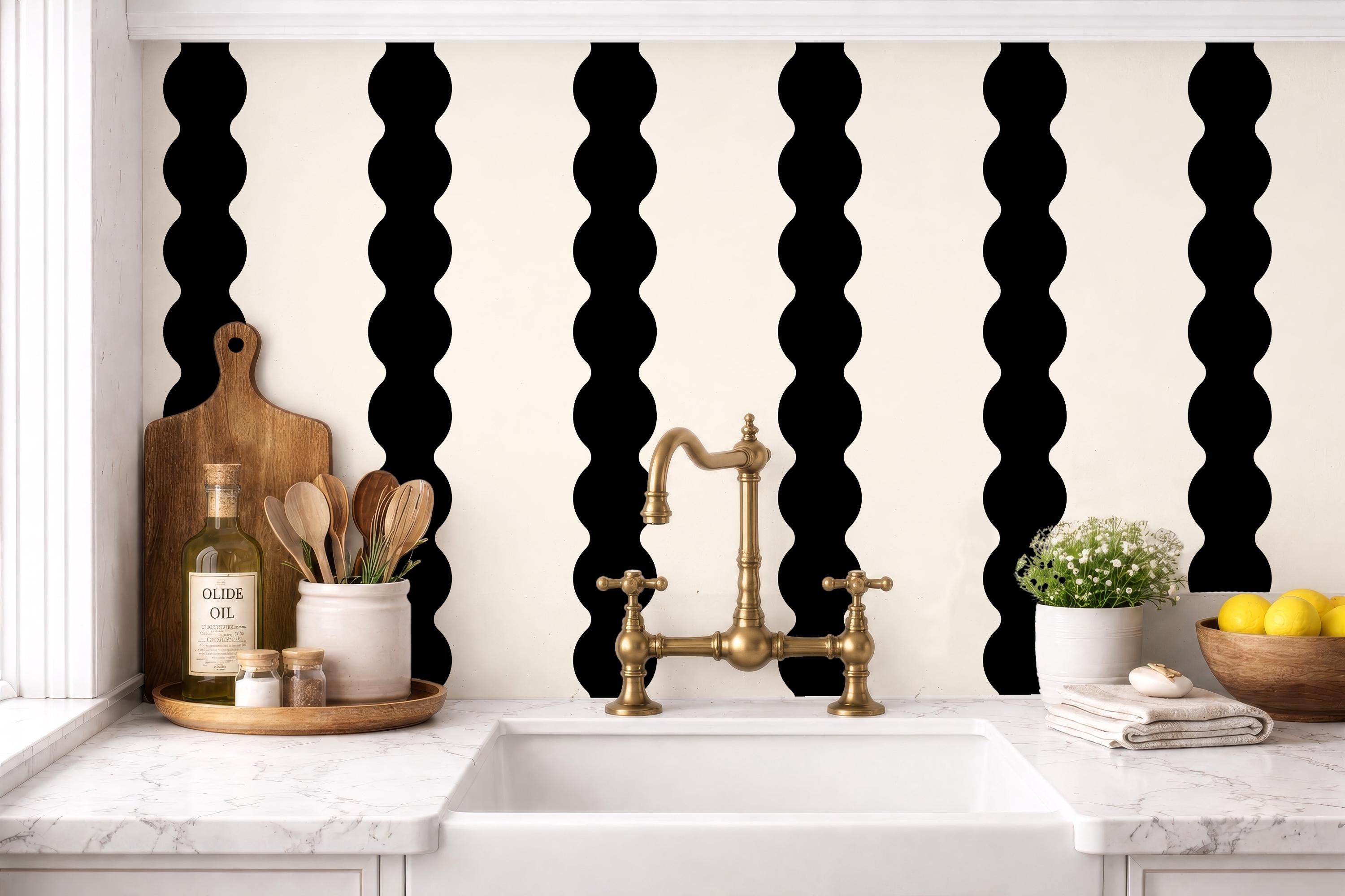 Black & cream wavy striped wallpaper, black accent wall covering, large scale stripes, dark moody wall decor (peel and stick or traditional)