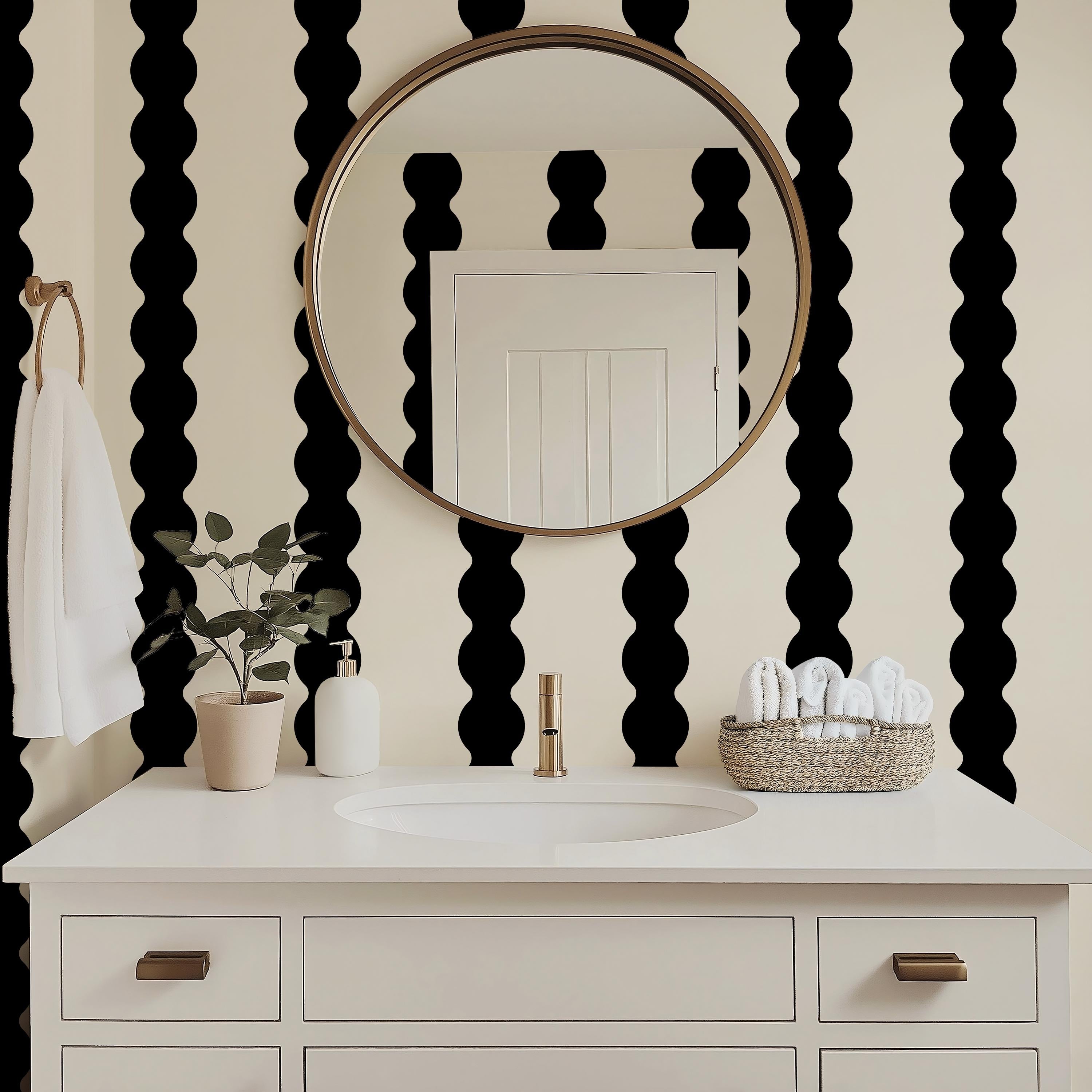 Black & cream wavy striped wallpaper, black accent wall covering, large scale stripes, dark moody wall decor (peel and stick or traditional)