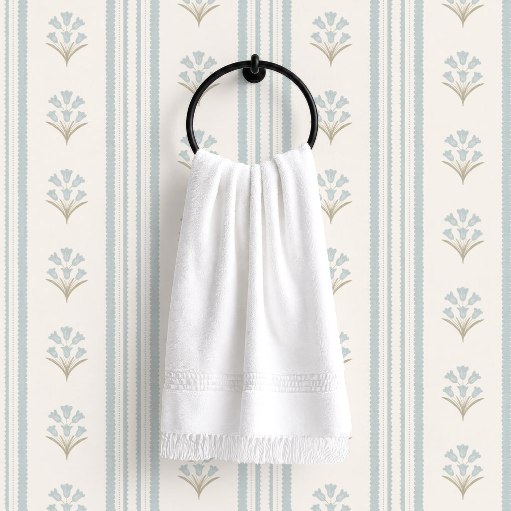 Blue Wildflower Stripe Wallpaper, Vintage Cottage Nursery Decor, Botanical Pattern