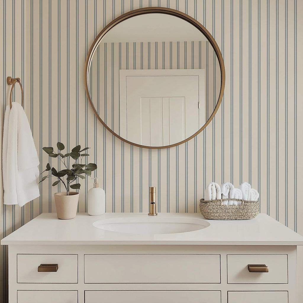 Blue striped wallpaper cozy dusty blue thin lines wall covering cute nursery wall decor coastal farmhouse elegant wallpaper peel and stick