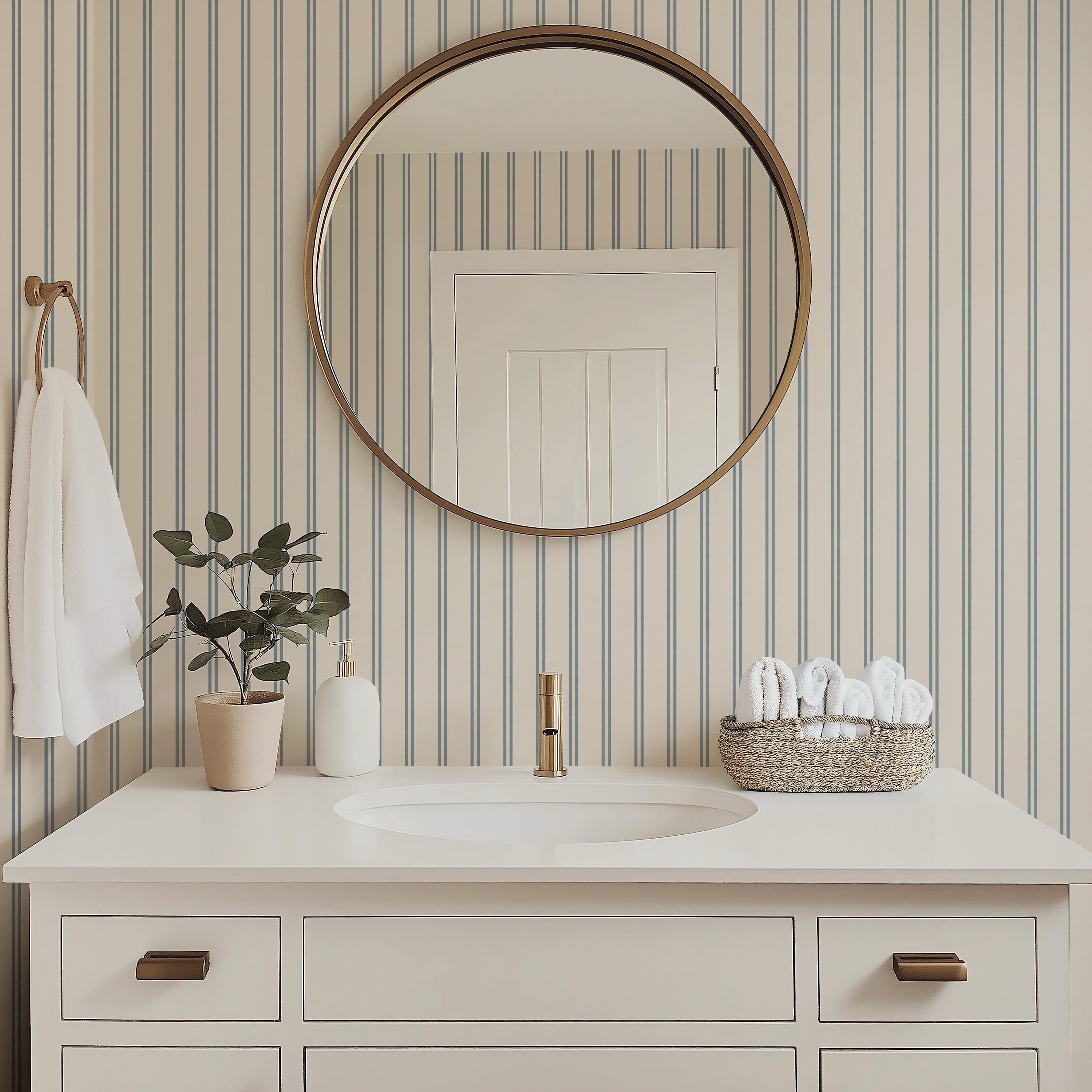 Blue striped wallpaper cozy dusty blue thin lines wall covering cute nursery wall decor coastal farmhouse elegant wallpaper peel and stick
