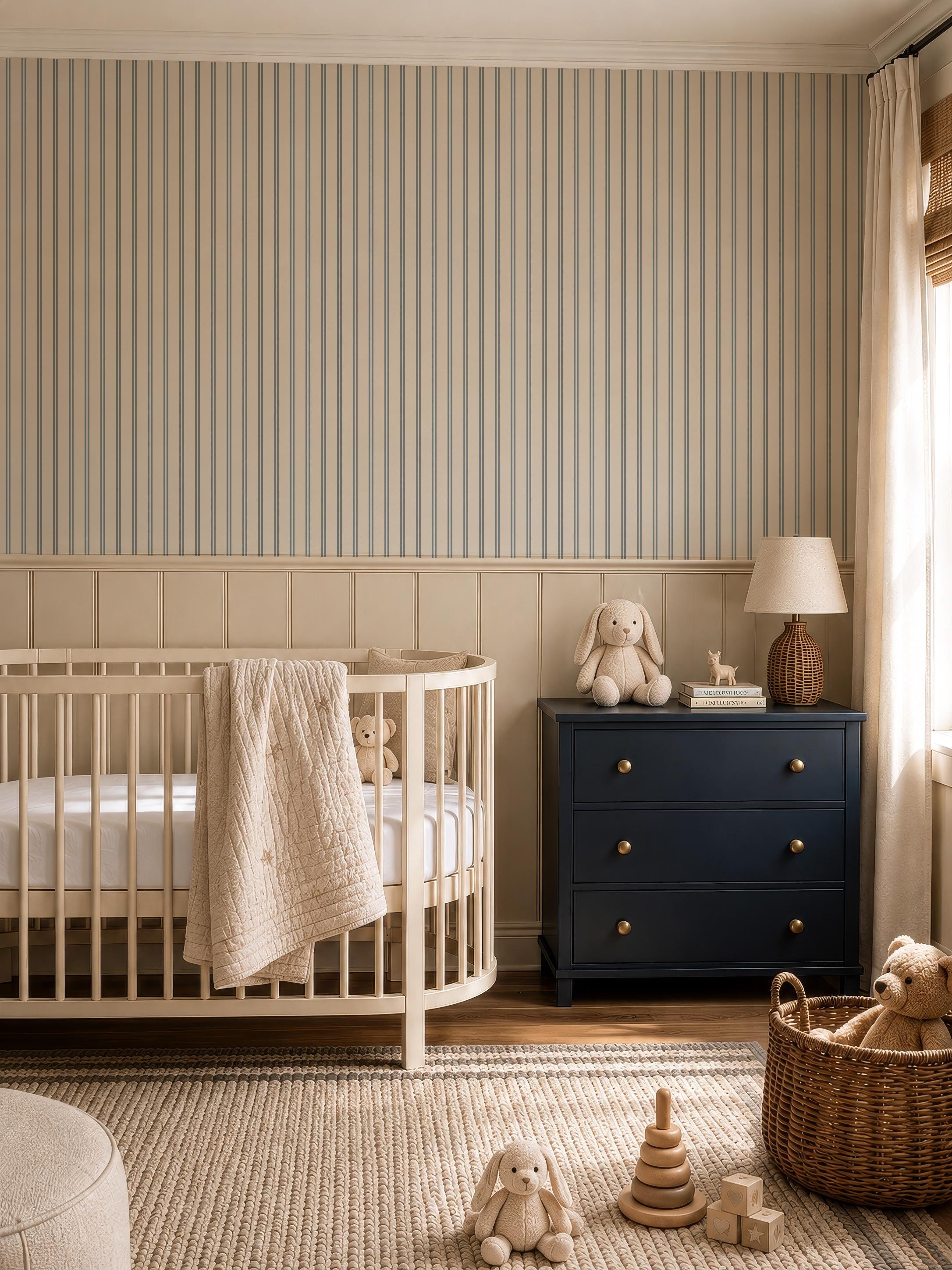 Blue striped wallpaper cozy dusty blue thin lines wall covering cute nursery wall decor coastal farmhouse elegant wallpaper peel and stick