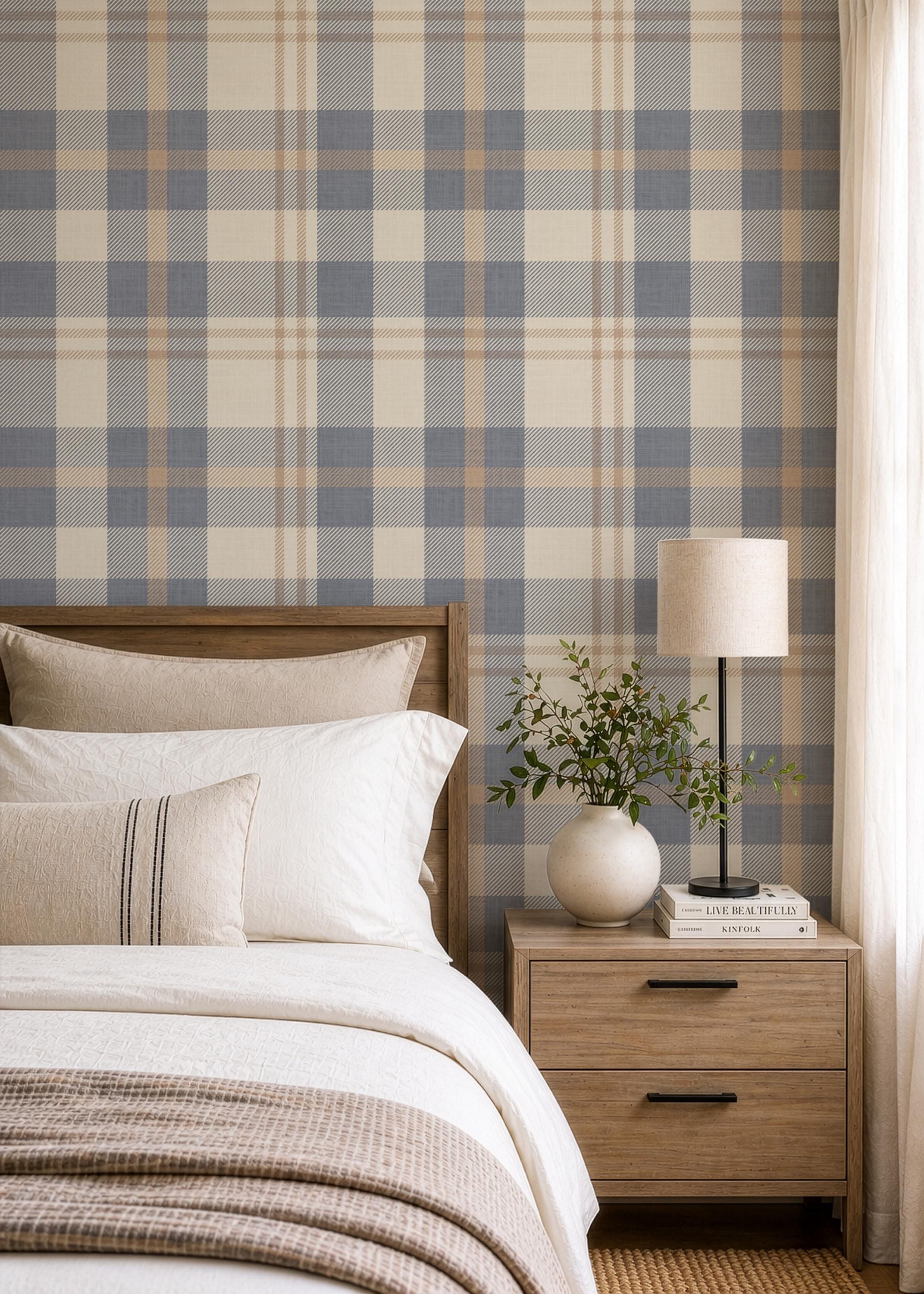 Neutral blue and beige Plaid Wallpaper – Nordic plaid design Farmhouse Interiors - Traditional Tartan Wall Decor, Peel & Stick or Grasscloth