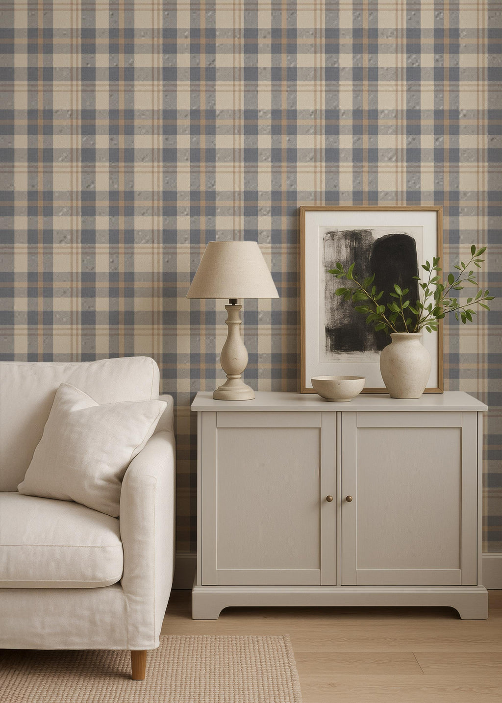 Neutral blue and beige Plaid Wallpaper – Rustic Check Pattern for Cozy Scandinavian & Farmhouse Interiors - FREE SHIPPING