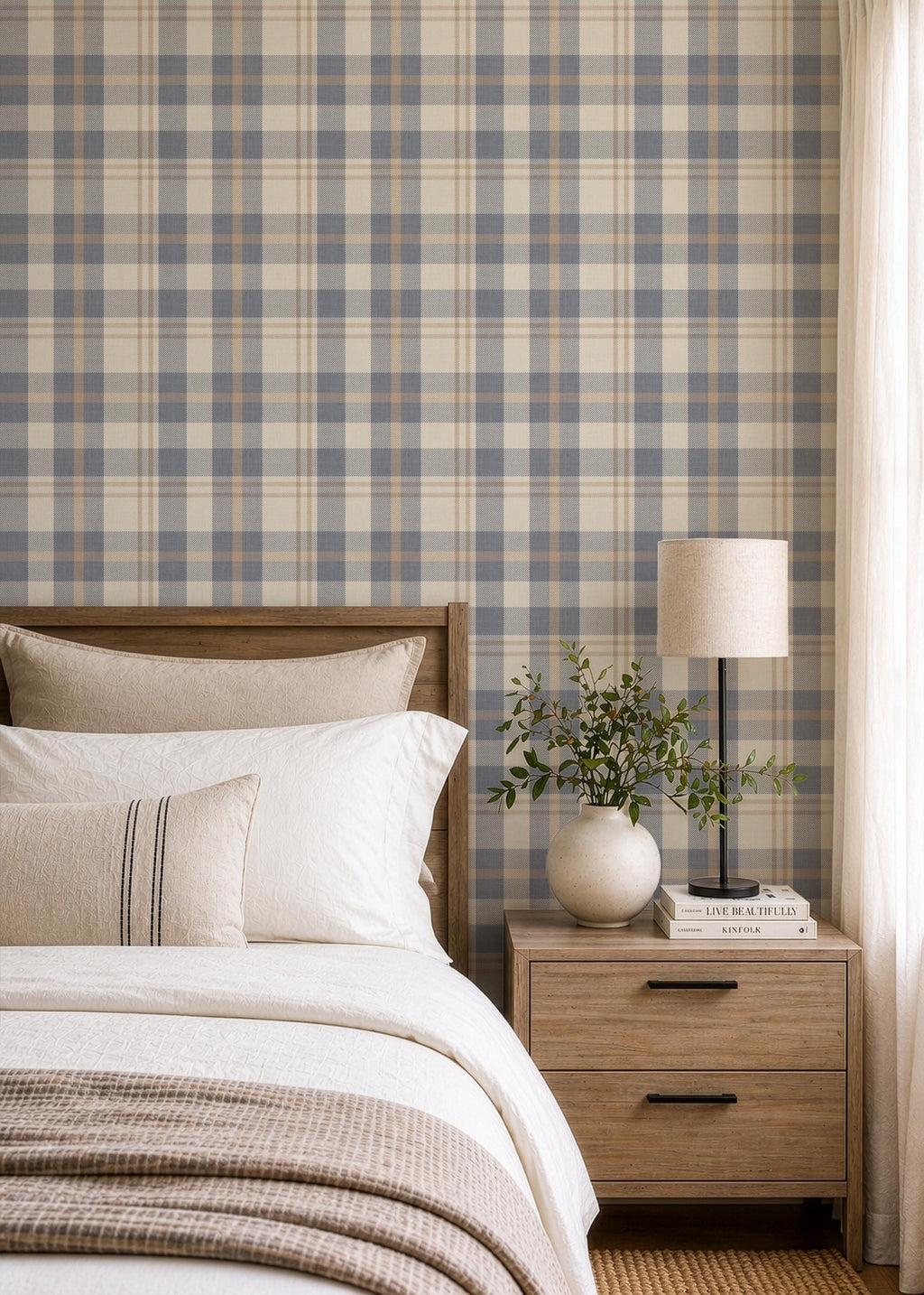Neutral blue and beige Plaid Wallpaper – Rustic Check Pattern for Cozy Scandinavian & Farmhouse Interiors - FREE SHIPPING