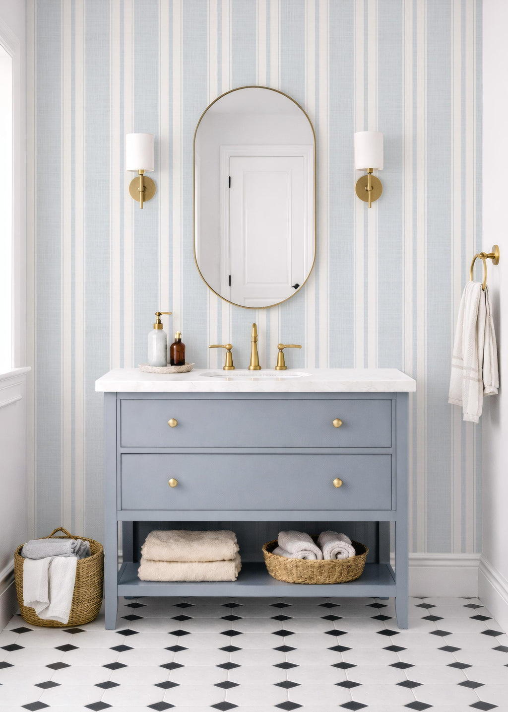 pale blue farmhouse wallpaper ticking stripe removable french blue stripe wall cottage cream stripe linen look peel and stick wall covering