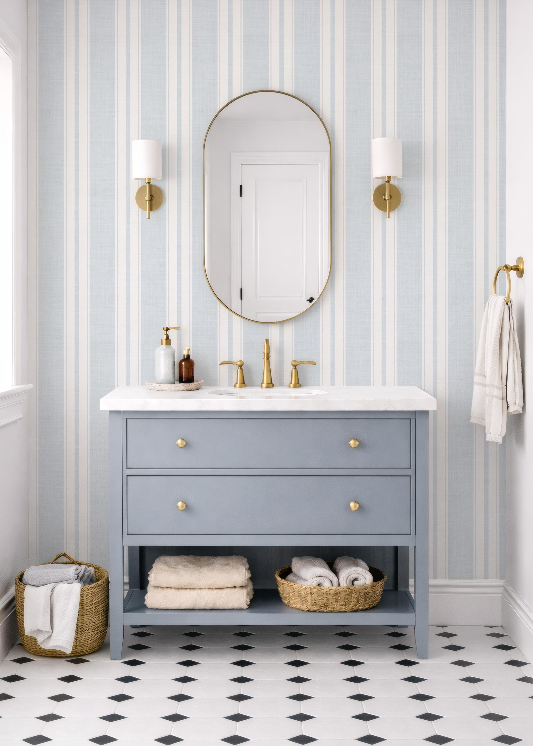 pale blue farmhouse wallpaper ticking stripe removable french blue stripe wall cottage cream stripe linen look peel and stick wall covering