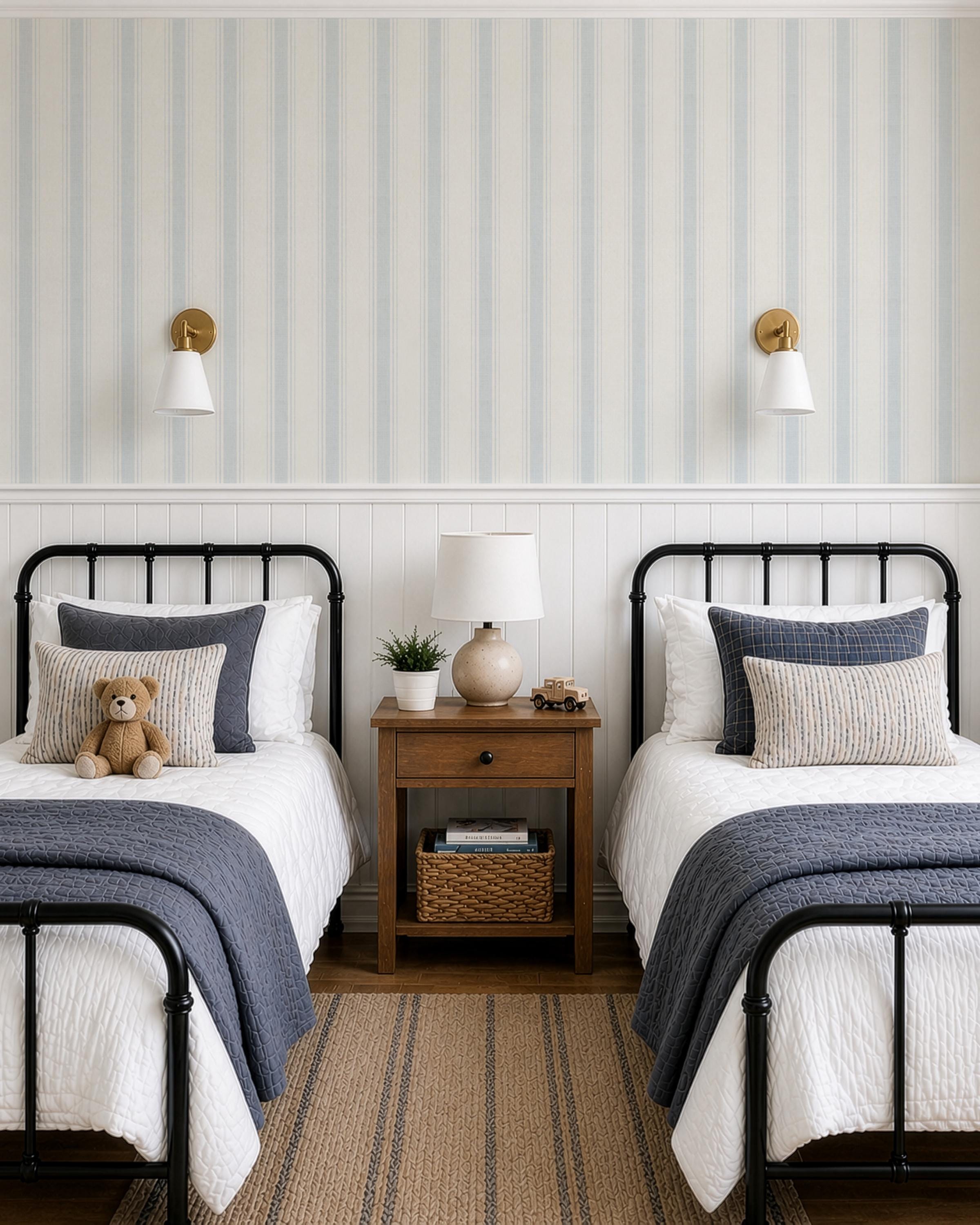 Blue Striped Wallpaper: Vintage Linen Texture, Peel and Stick Wall Covering, Soft Blue Coastal Nursery Wallpaper, Light Blue Baby Room Decor