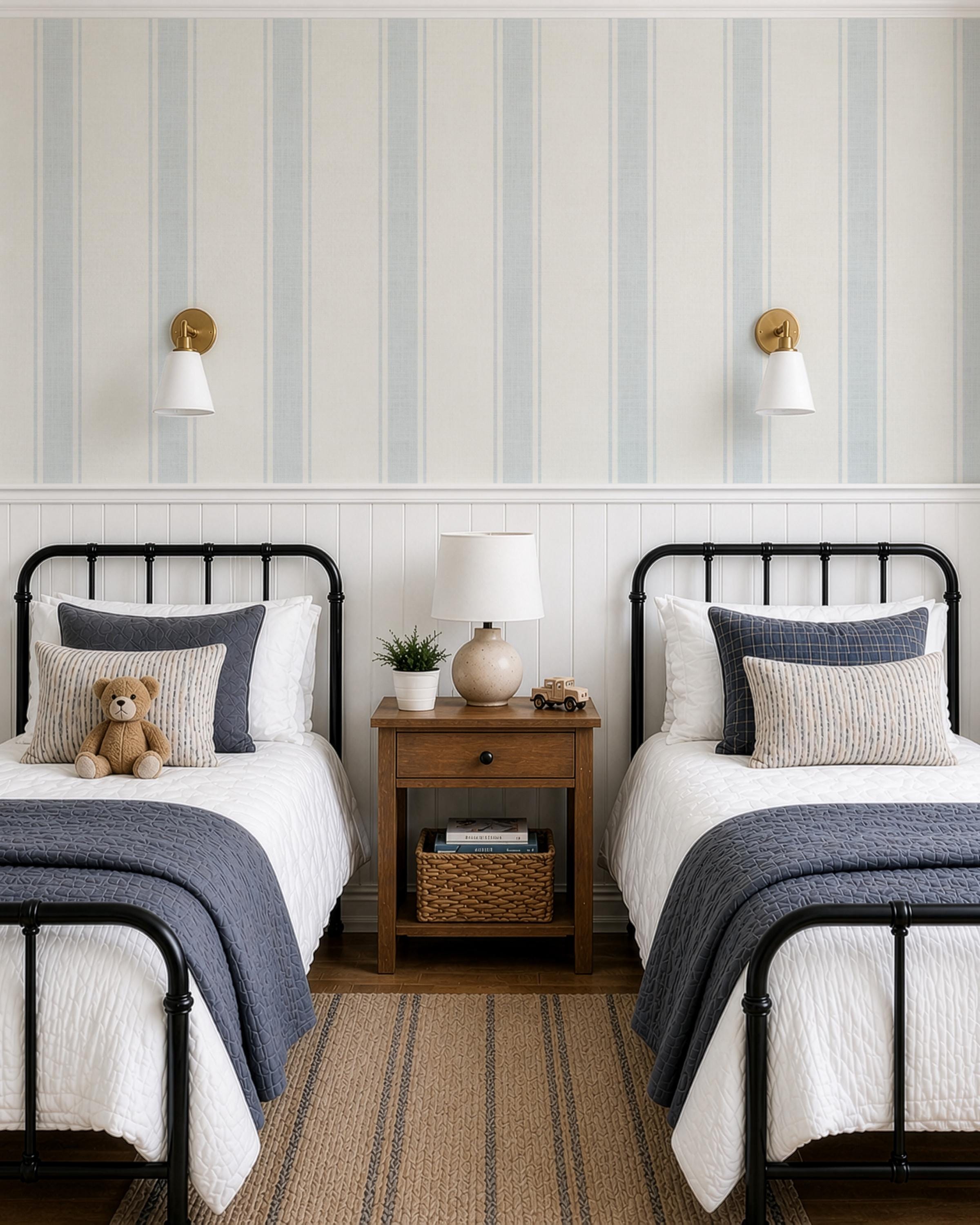 Blue Striped Wallpaper: Wide Stripes with Linen Texture, Coastal Farmhouse Wall Covering, Soft Blue Vintage Stripes, Peel and Stick