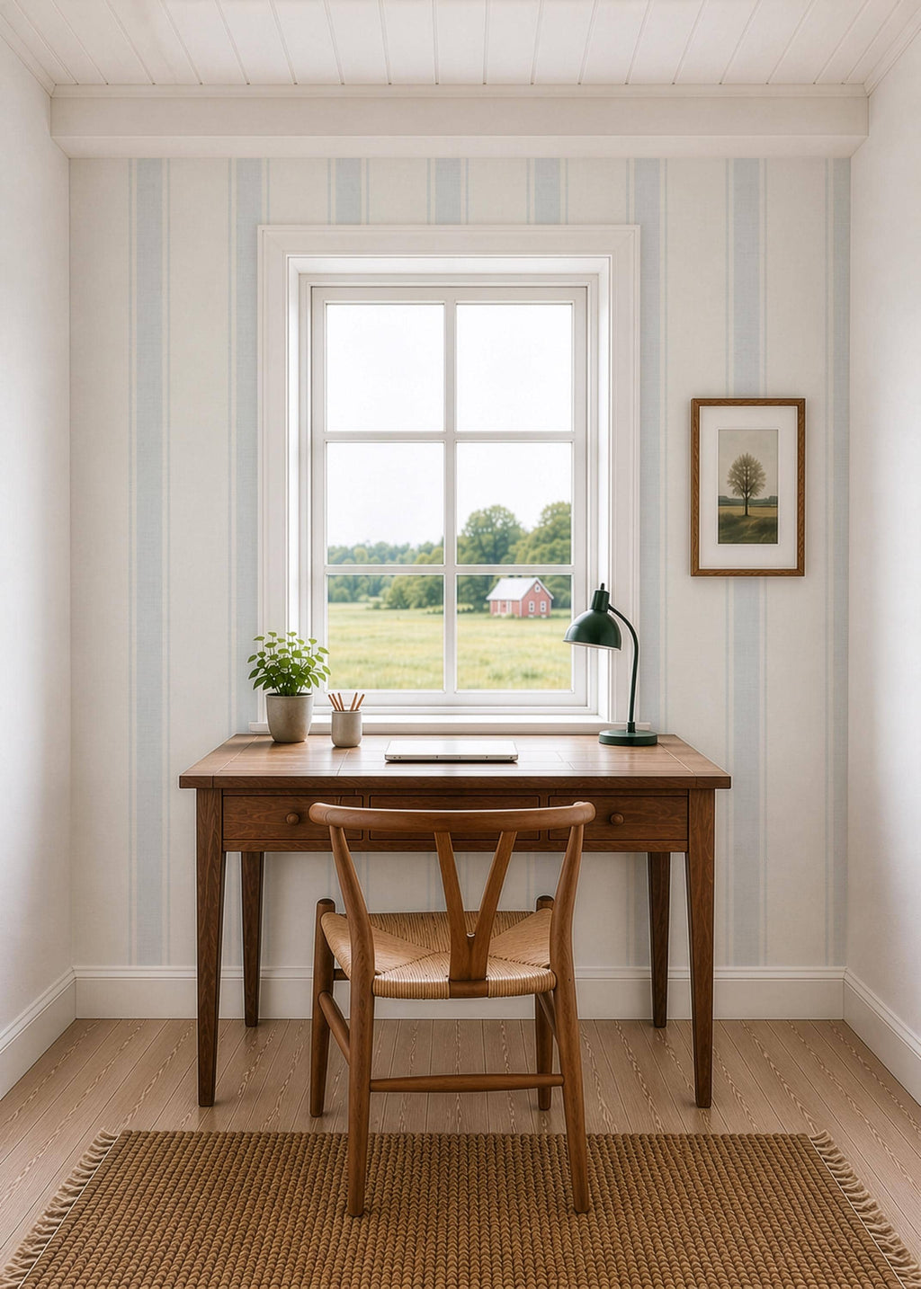 Blue Striped Wallpaper: Wide Stripes with Linen Texture, Coastal Farmhouse Wall Covering, Soft Blue Vintage Stripes, Peel and Stick