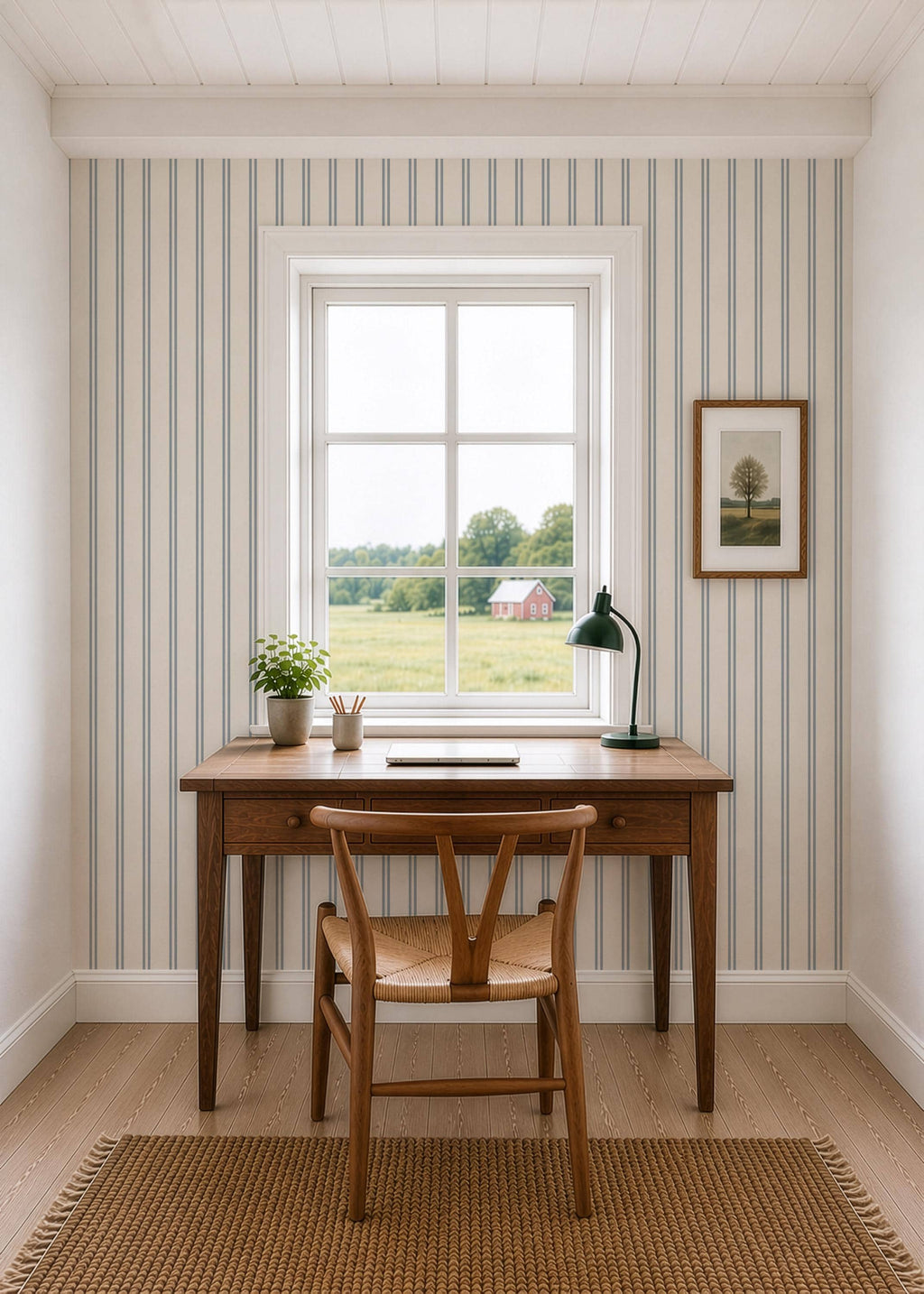 Blue & cream soft double striped Wallpaper: Coastal Farmhouse Neutral Texture - premium wallpaper - FREE SHIPPING