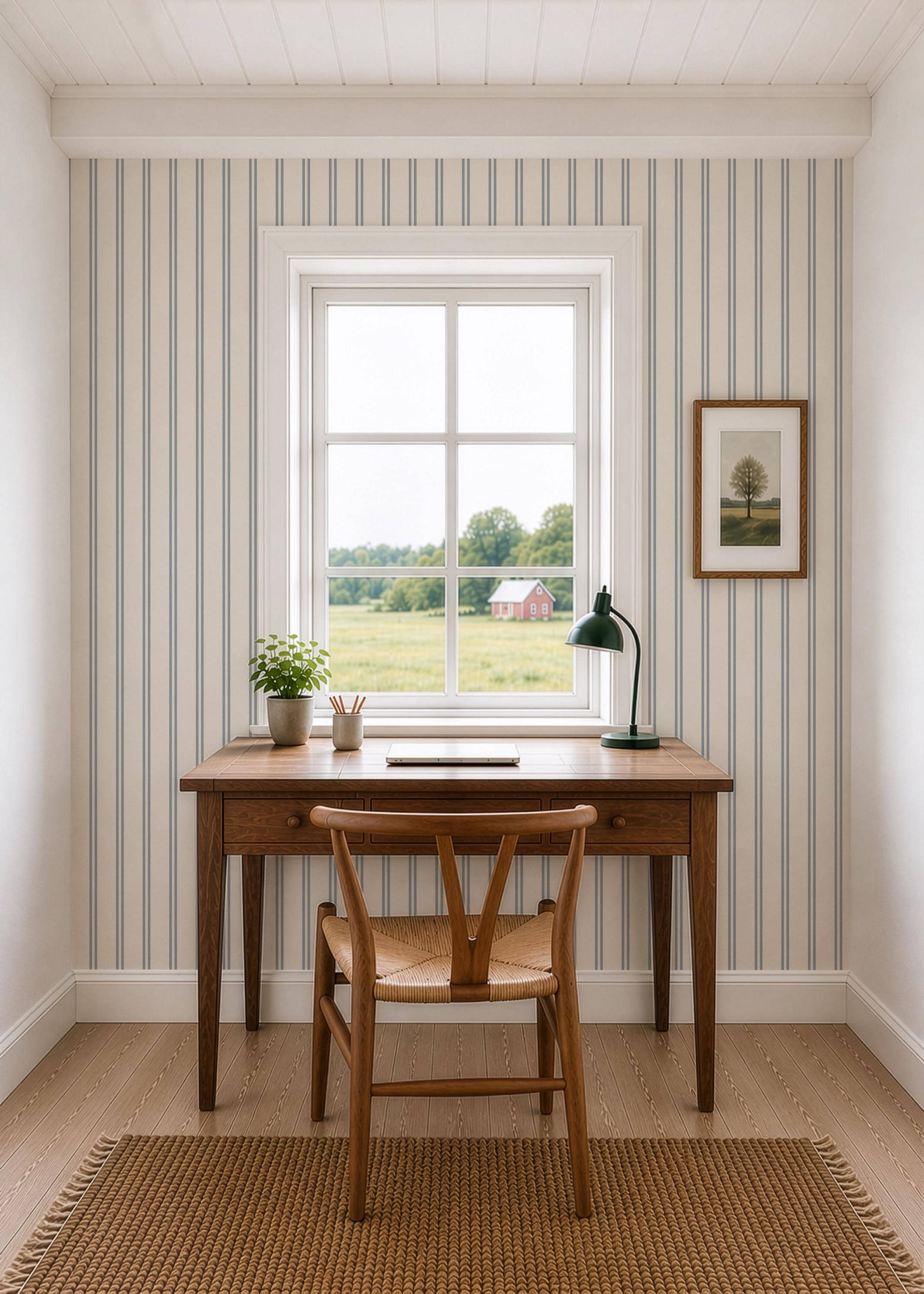 Blue & cream soft double striped Wallpaper: Coastal Farmhouse Neutral Texture - premium wallpaper - FREE SHIPPING