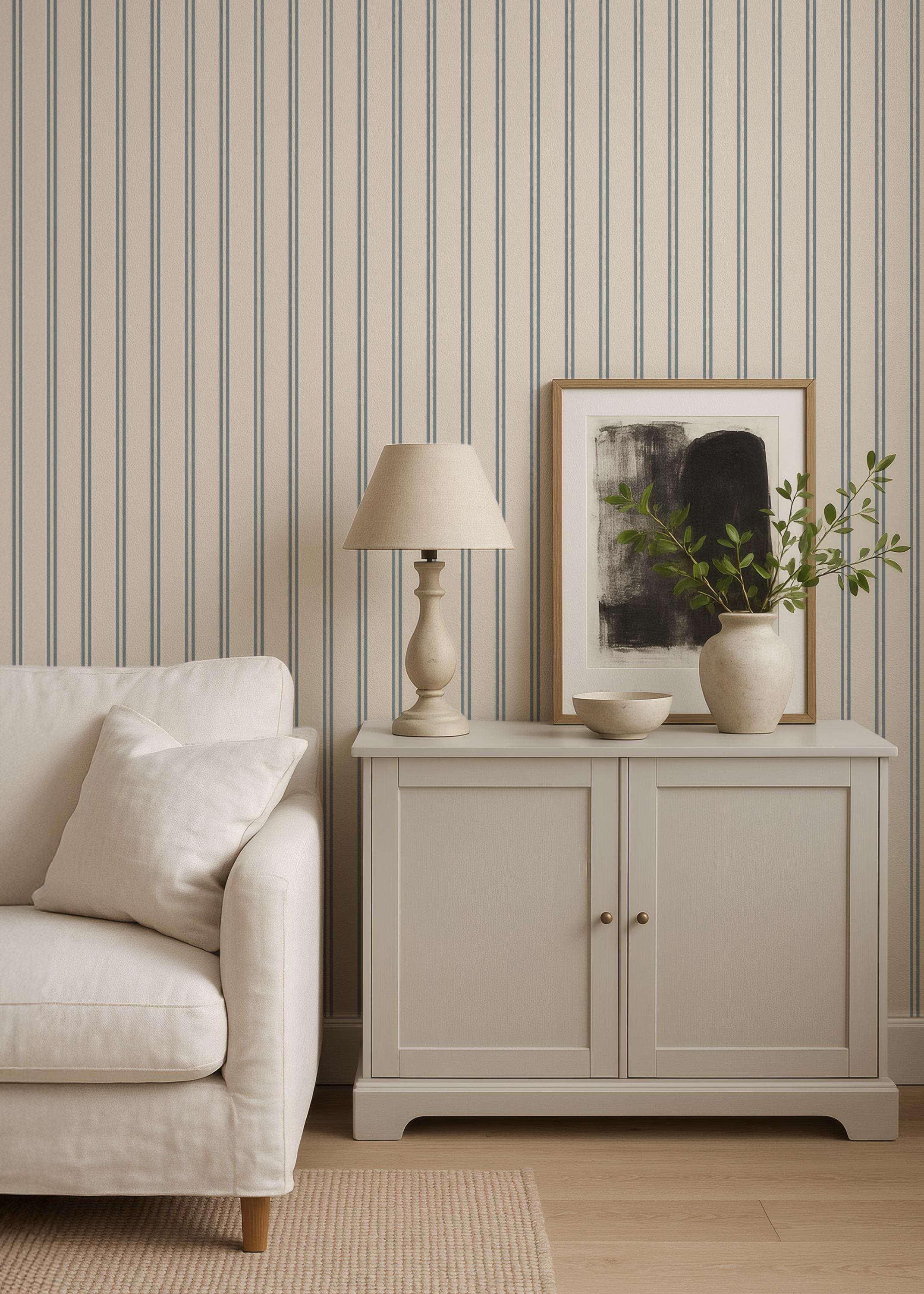 Blue & cream soft double striped Wallpaper: Coastal Farmhouse Neutral Texture - premium wallpaper - FREE SHIPPING