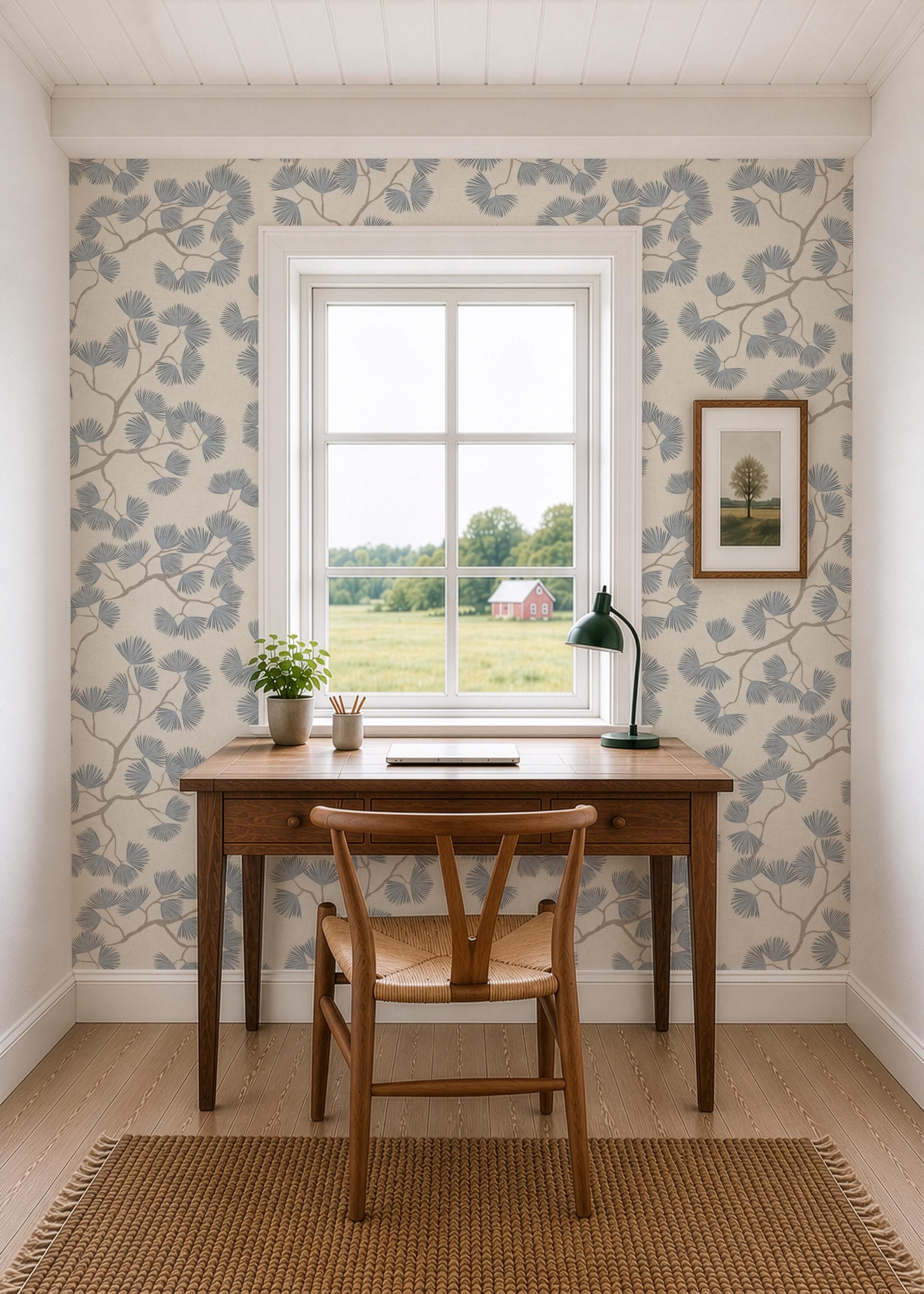 Scandinavian Pine Branch Wallpaper: Slate Blue Japanese Wall Covering Minimalist Woodland Wall Decor (Peel and Stick)