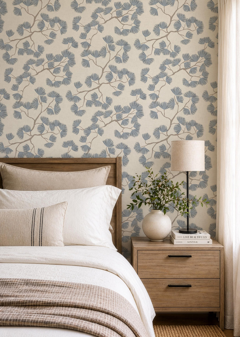 Scandinavian Pine Branch Wallpaper: Slate Blue Japanese Wall Covering Minimalist Woodland Wall Decor (Peel and Stick)