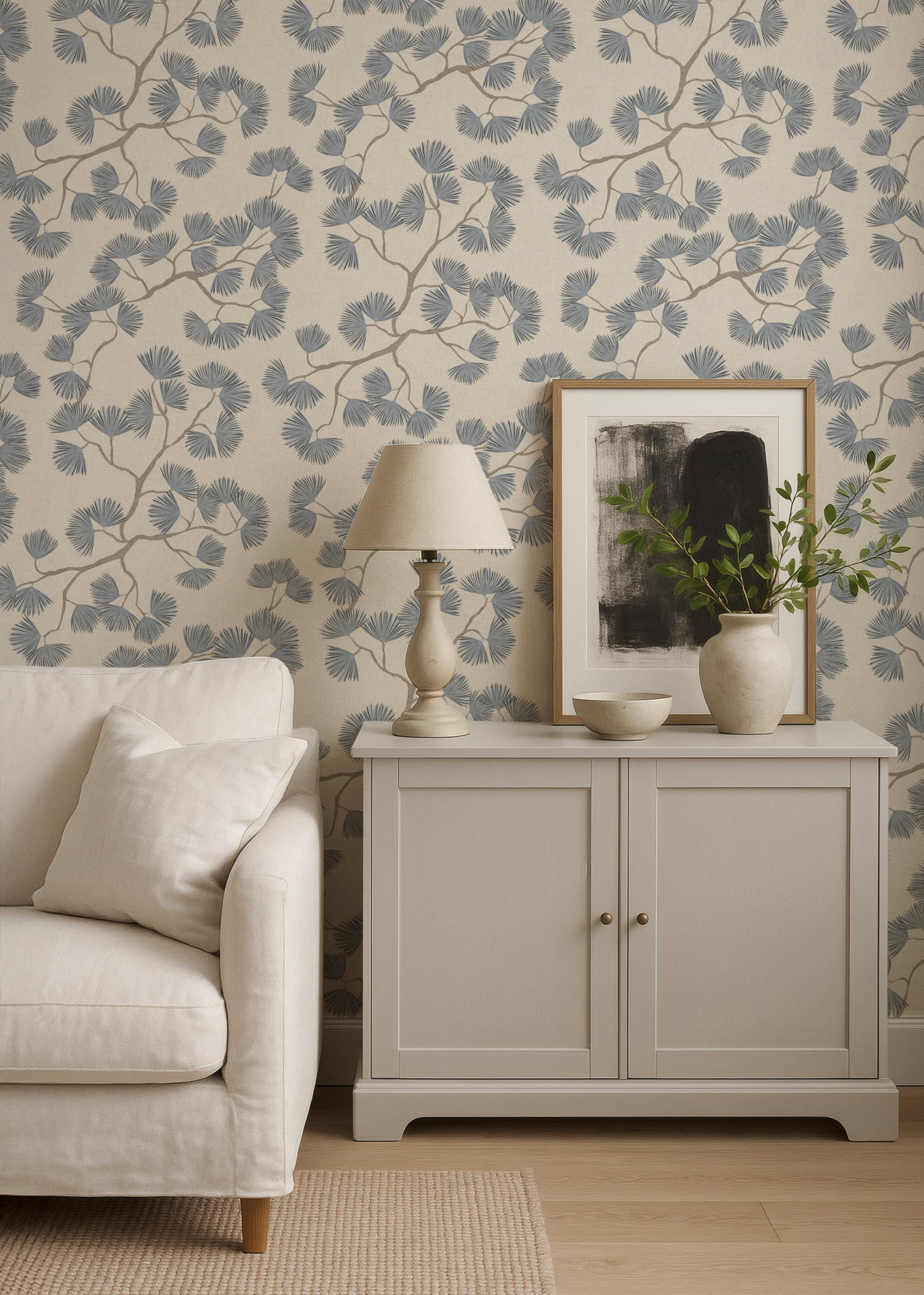 Scandinavian Pine Branch Wallpaper: Slate Blue Japanese Wall Covering Minimalist Woodland Wall Decor (Peel and Stick)